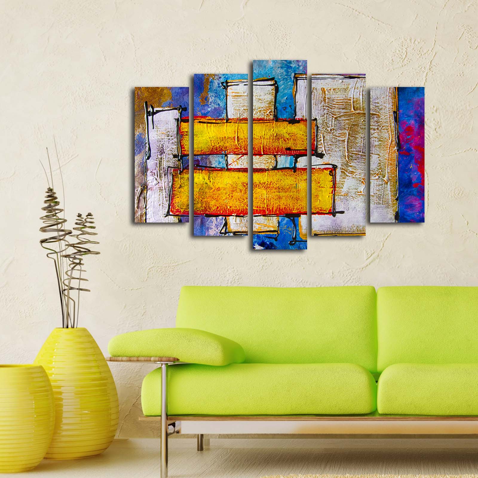 Conjunto de Quadros em Tela Suede (5 Peças) Multicolor — 105x70 cm, Moldura de Madeira 3 cm | 5PATK-217