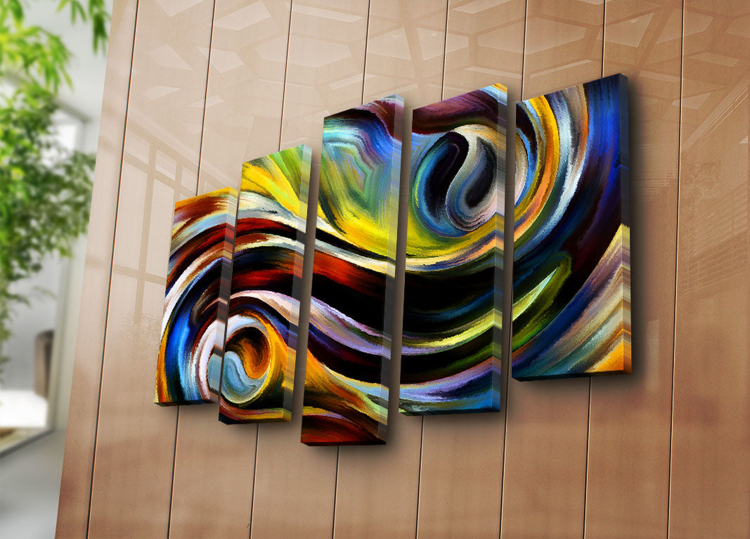 Quadro Decorativo em Tela Suede 5 Peças – Multicolor, Moldura de Madeira, 105 x 70 cm