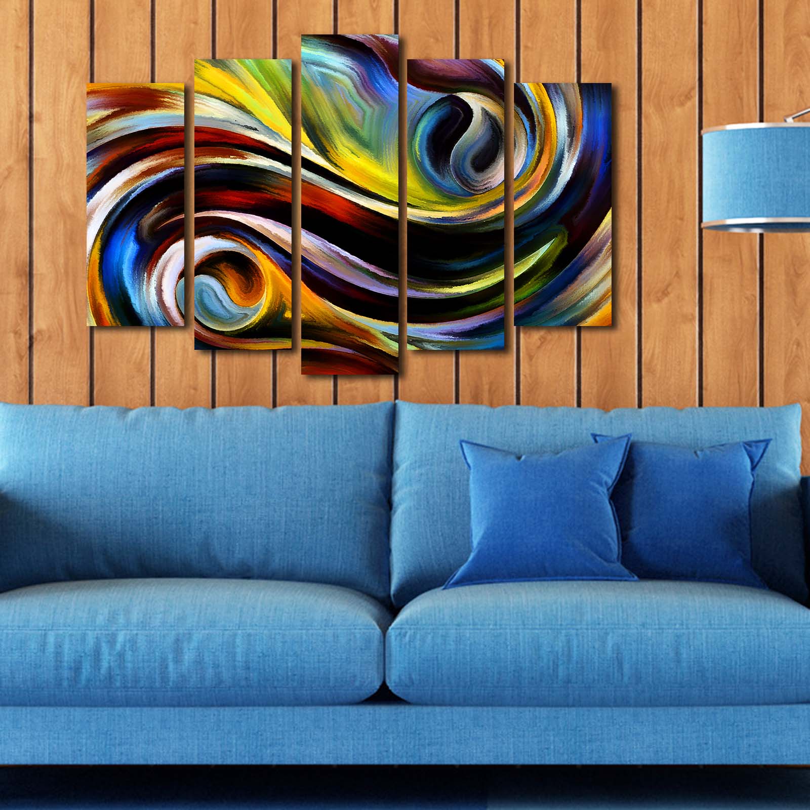 Quadro Decorativo em Tela Suede 5 Peças – Multicolor, Moldura de Madeira, 105 x 70 cm