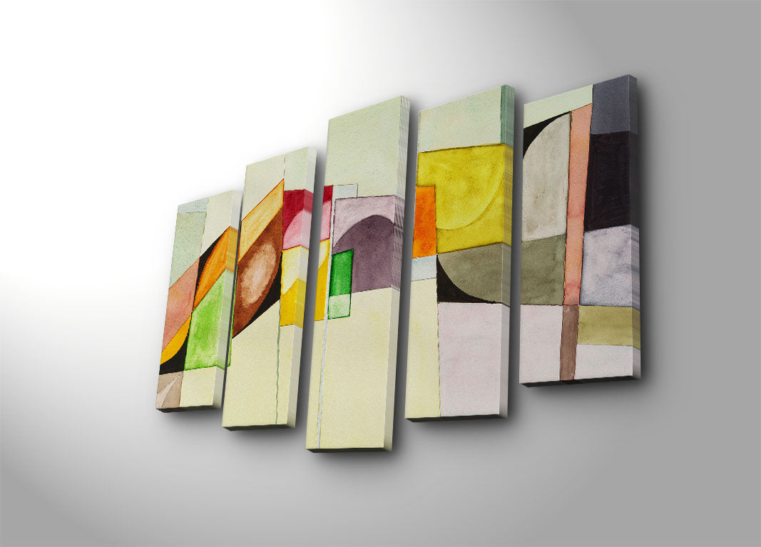 Tela Decorativa 5 Peças Multicolor em Camurça (Suede) com Moldura de Madeira – 105 x 70 cm | 5PATK-233