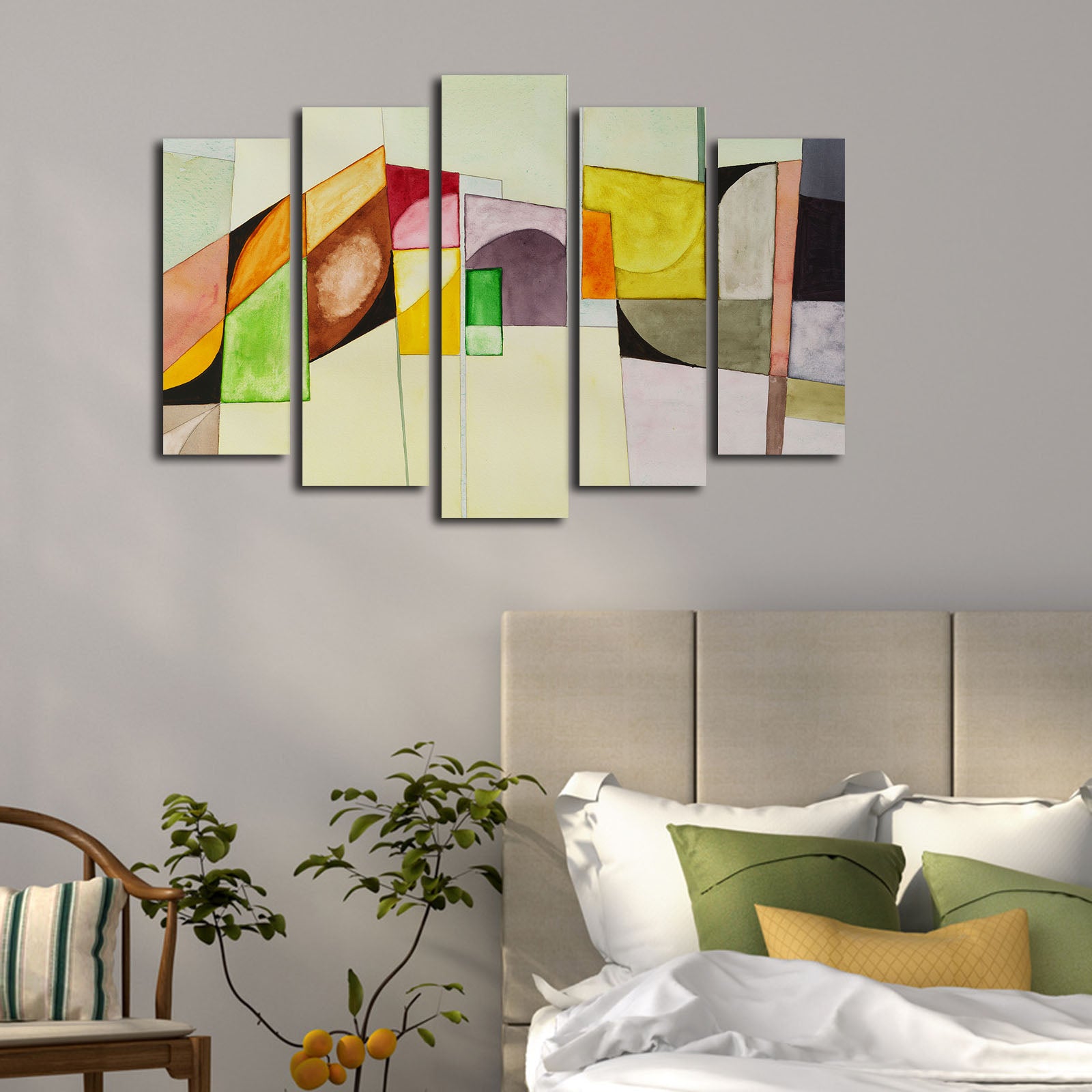 Tela Decorativa 5 Peças Multicolor em Camurça (Suede) com Moldura de Madeira – 105 x 70 cm | 5PATK-233