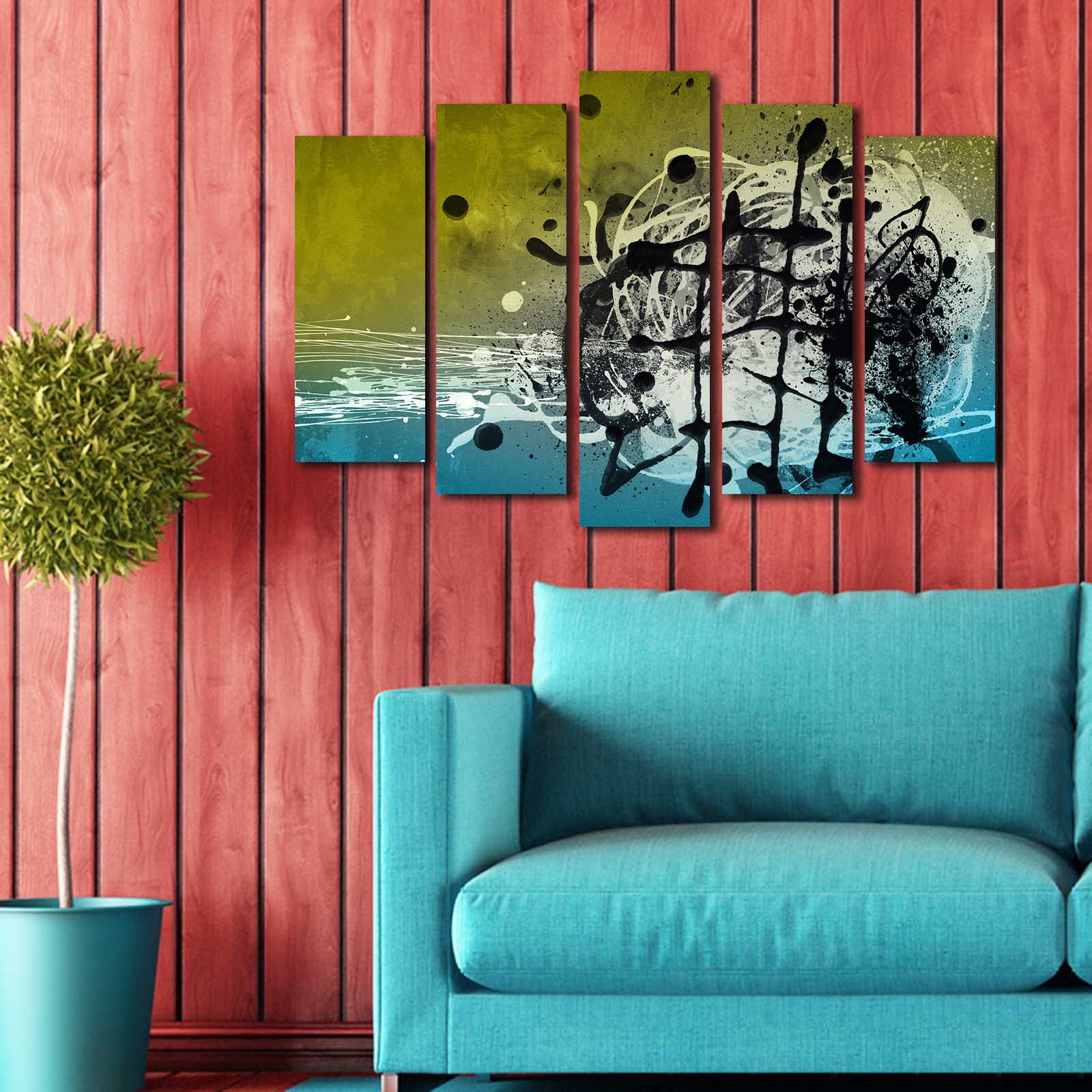 Quadro Decorativo Multicolor em Tela Suede — Conjunto de 5 Peças (105 x 70 cm) com Moldura 100% Madeira