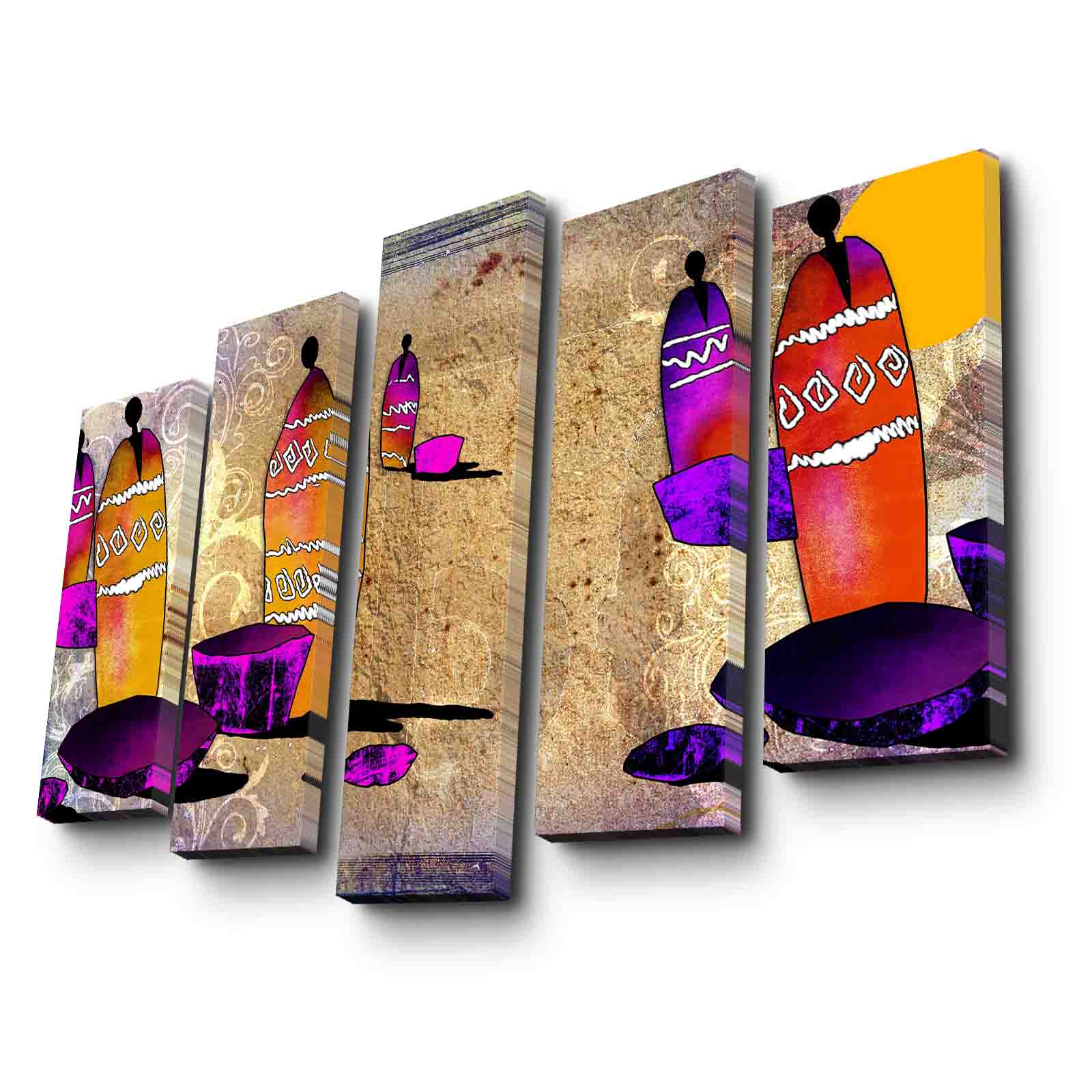 Quadro Decorativo 5 Peças em Tela Multicolor 105x70 cm — Camurça 100% e Moldura de Madeira