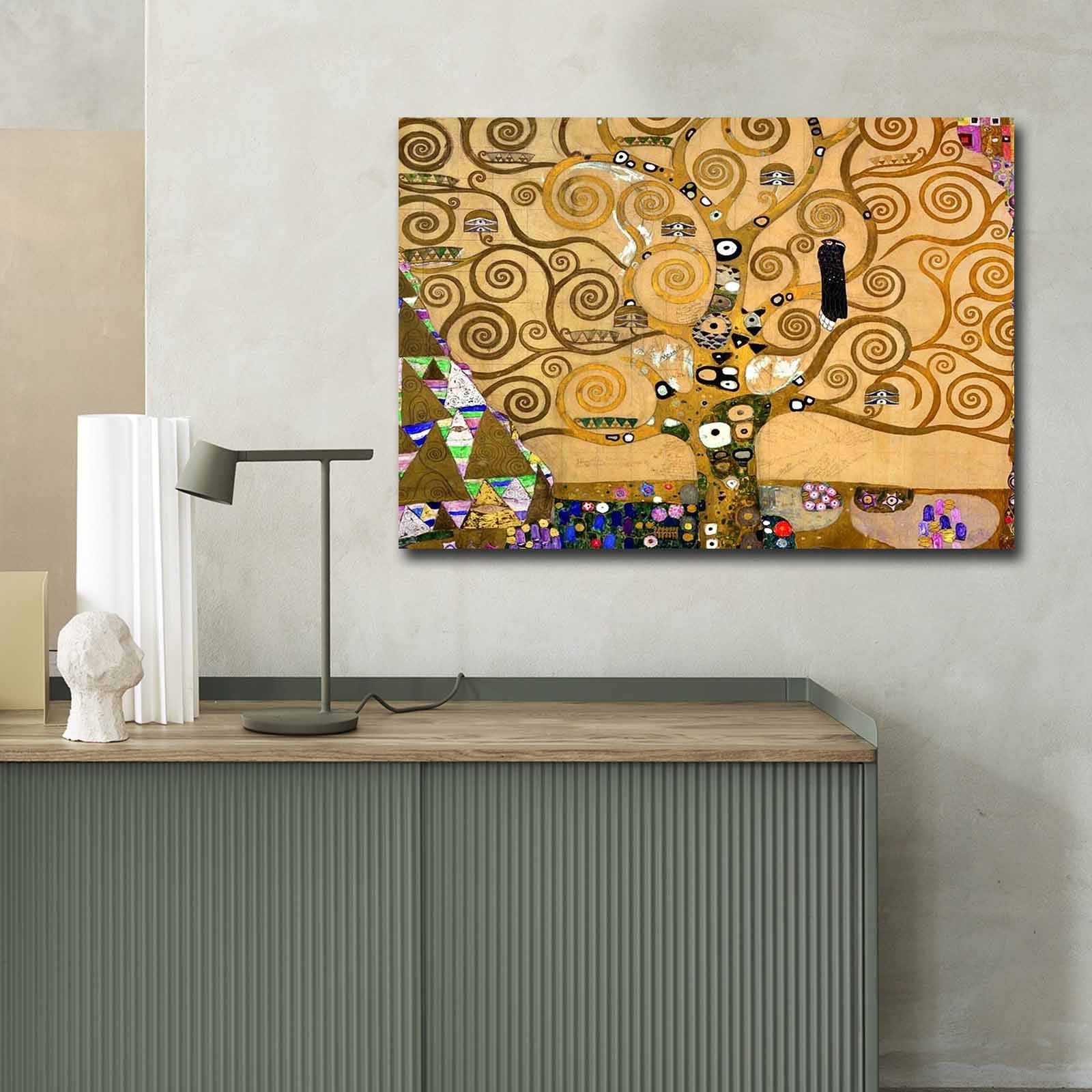 Impressionante pintura decorativa em tela - 'A Árvore da Vida' de Gustav Klimt, 70 x 100 cm, tela 100% camurça, moldura de madeira de 3 cm | Arte elegante para decoração de casa