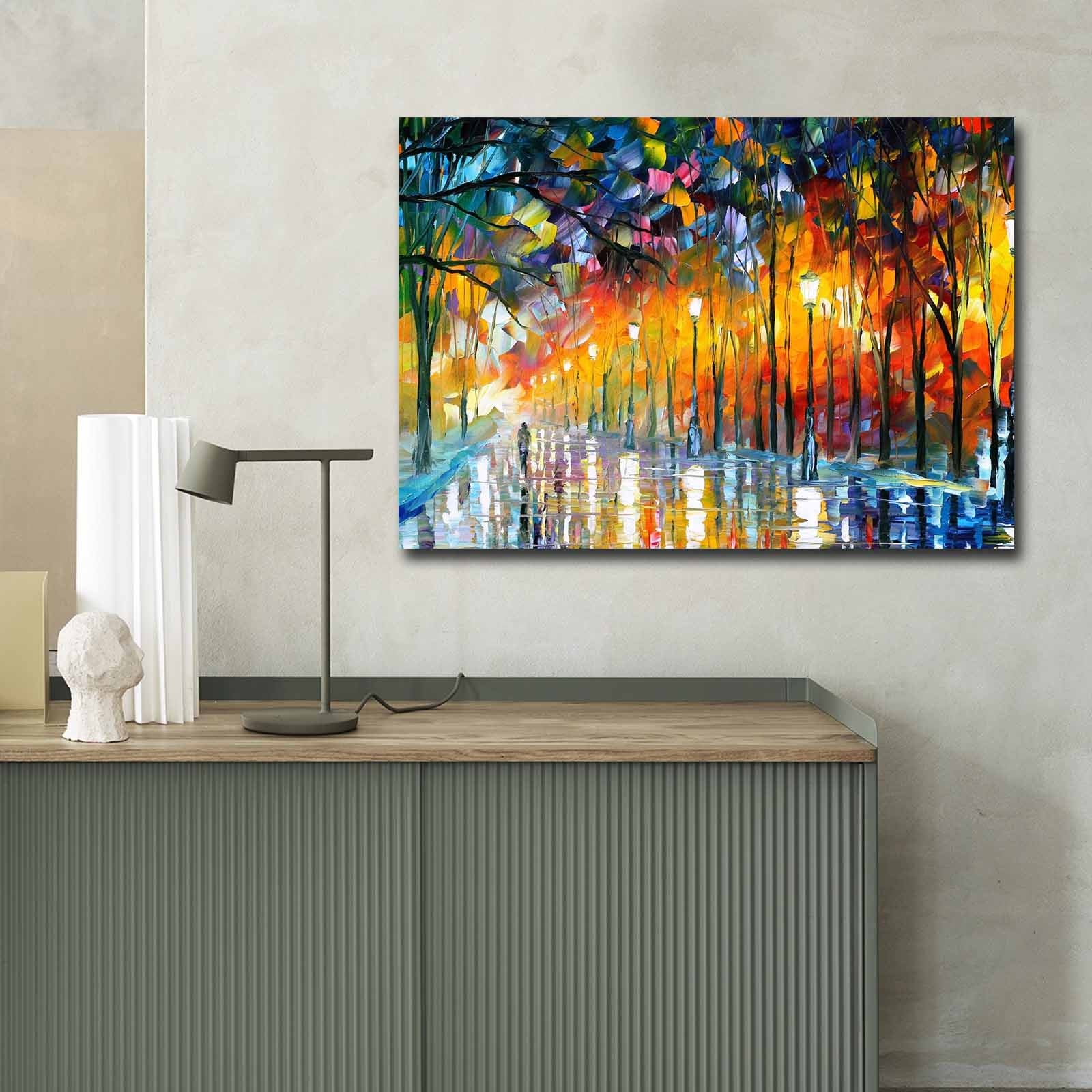 "Humor Misty in the Park", tela de Leonid Afremov, 70 x 100 cm, tela 100% camurça, moldura de madeira de 3 cm | Arte de parede elegante para decoração de casa