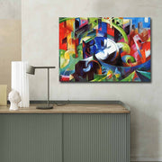 Pintura decorativa em tela de Franz Marc, 70 x 100 cm, 100% camurça, moldura de madeira de 3 cm | Arte elegante para decoração de casa e escritório
