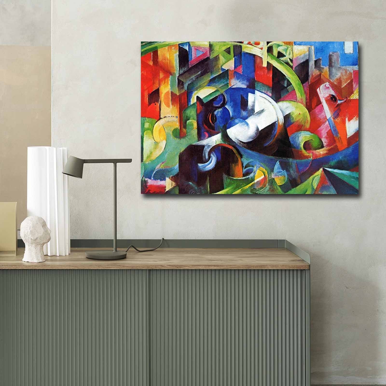 Pintura decorativa em tela de Franz Marc, 70 x 100 cm, 100% camurça, moldura de madeira de 3 cm | Arte elegante para decoração de casa e escritório
