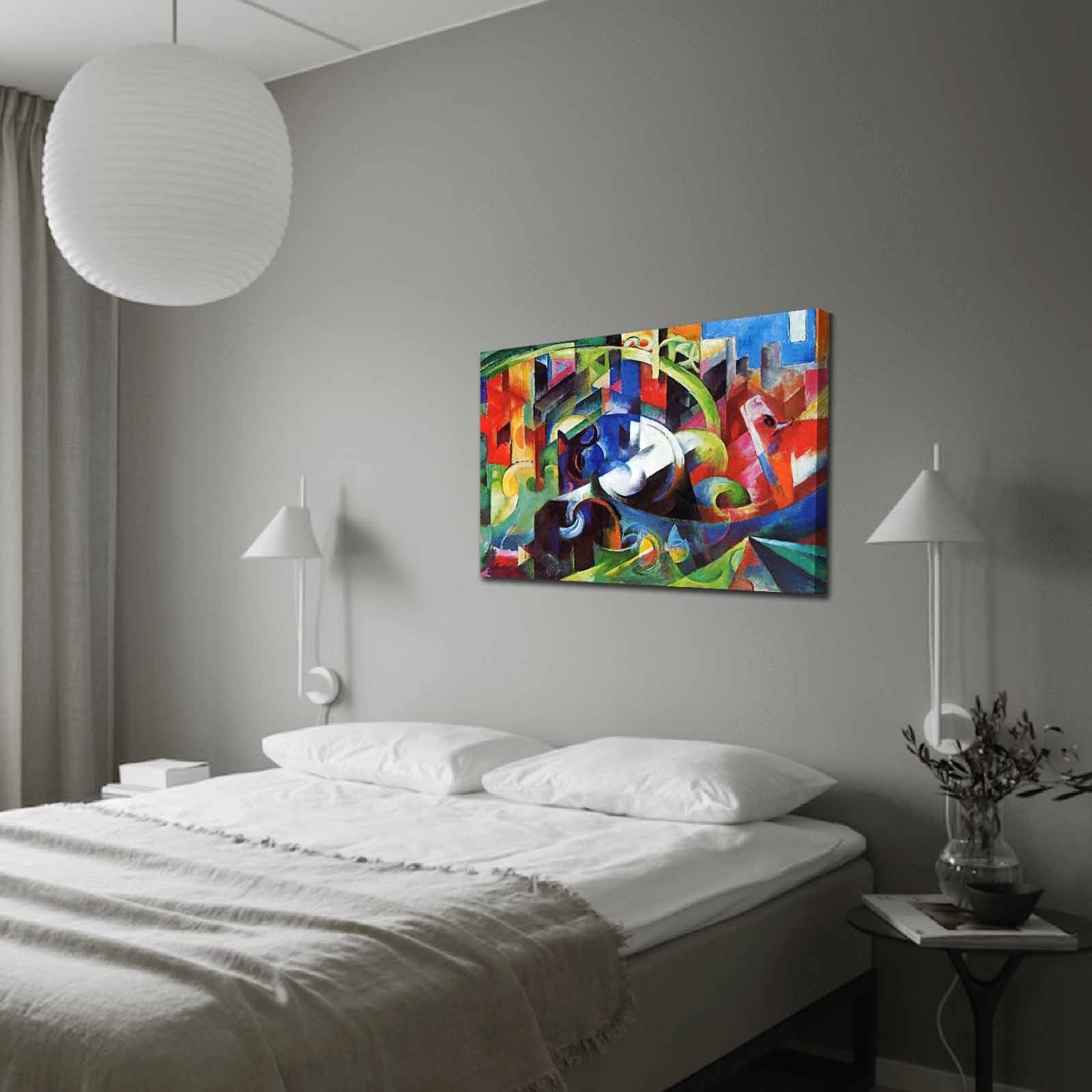 Pintura decorativa em tela de Franz Marc, 70 x 100 cm, 100% camurça, moldura de madeira de 3 cm | Arte elegante para decoração de casa e escritório