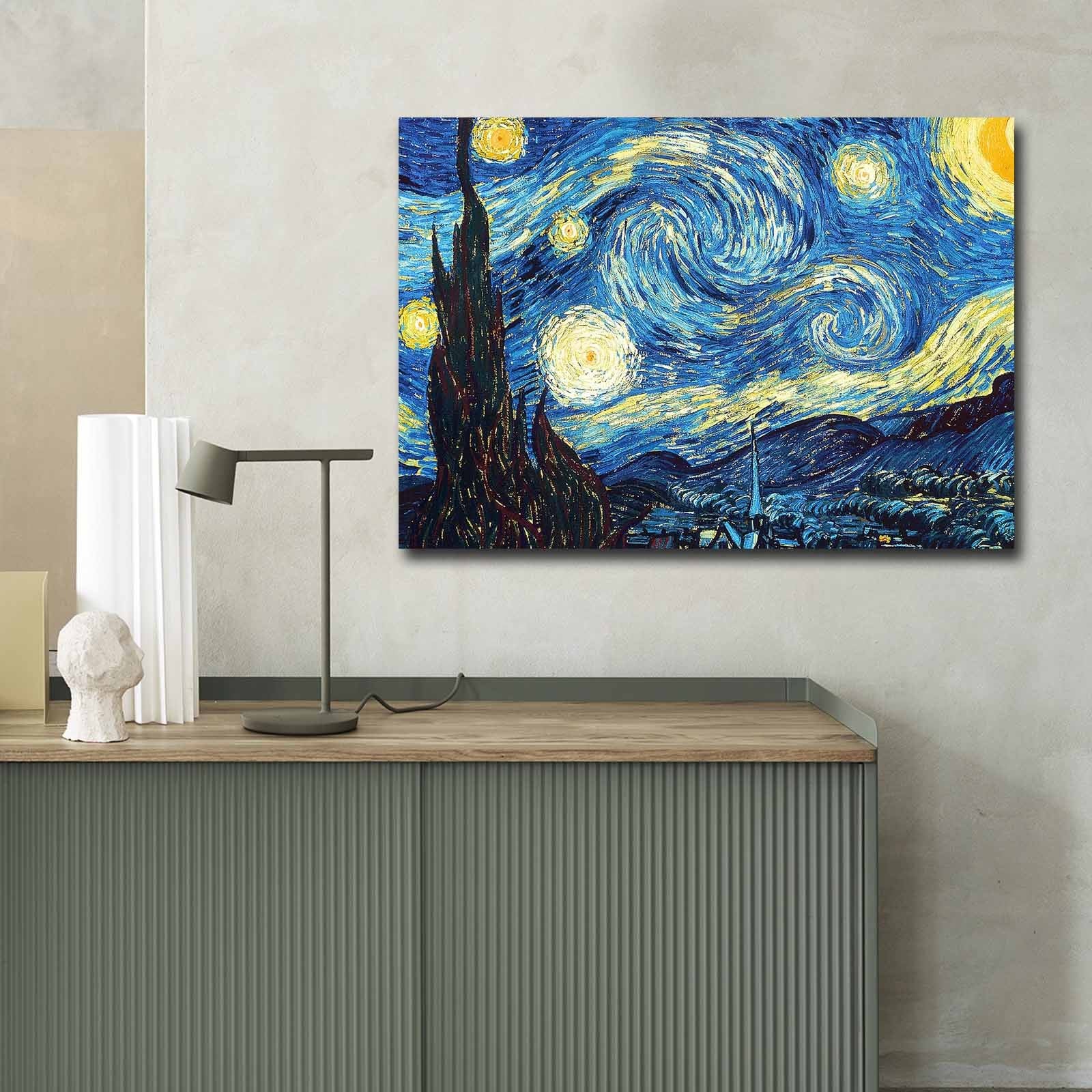 Pintura decorativa em tela "A Noite Estrelada" de Vincent Van Gogh, 70 x 100 cm, 100% camurça, moldura de madeira de 3 cm | Arte elegante para decoração de casa