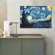 Pintura decorativa em tela "A Noite Estrelada" de Vincent Van Gogh, 70 x 100 cm, 100% camurça, moldura de madeira de 3 cm | Arte elegante para decoração de casa