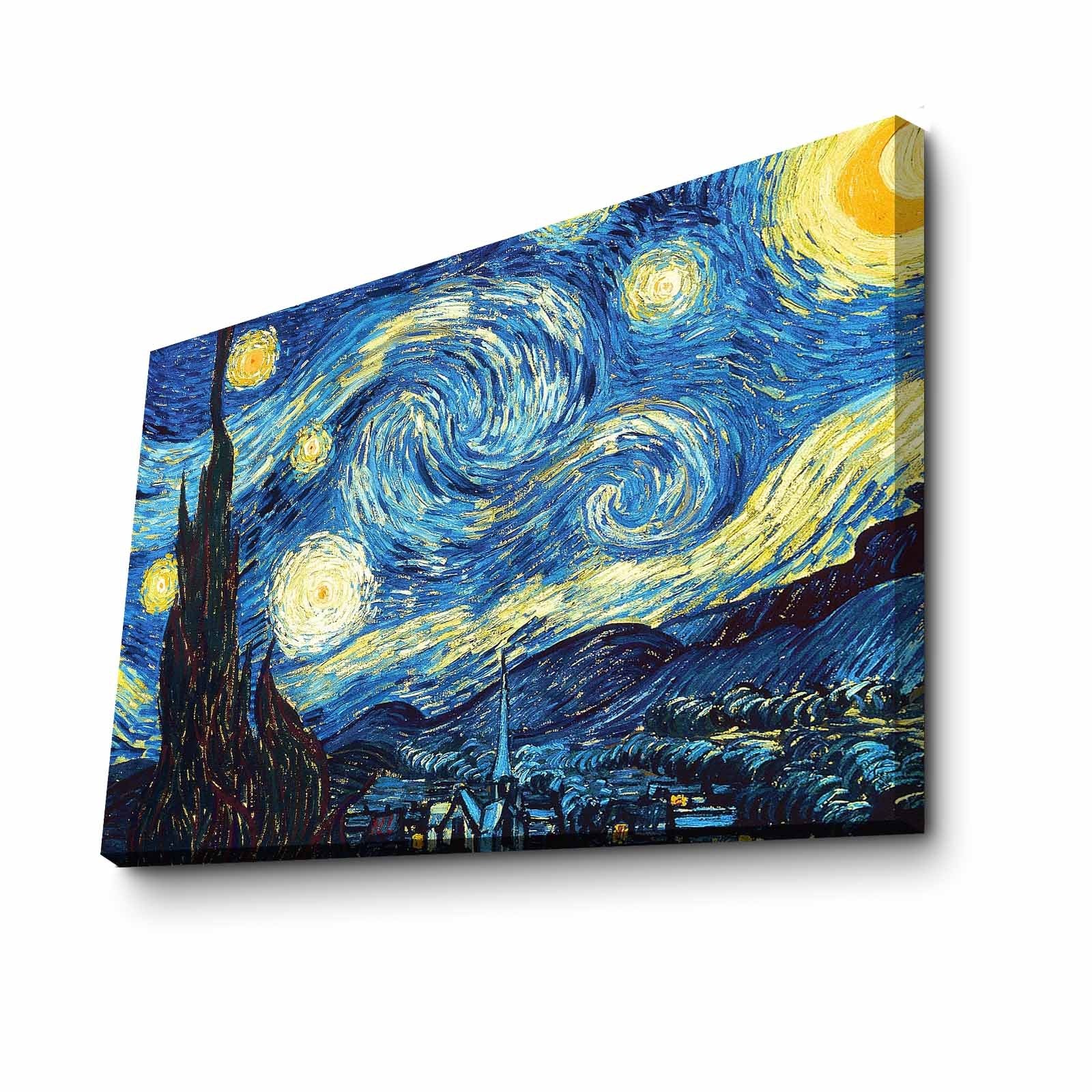 Pintura decorativa em tela "A Noite Estrelada" de Vincent Van Gogh, 70 x 100 cm, 100% camurça, moldura de madeira de 3 cm | Arte elegante para decoração de casa