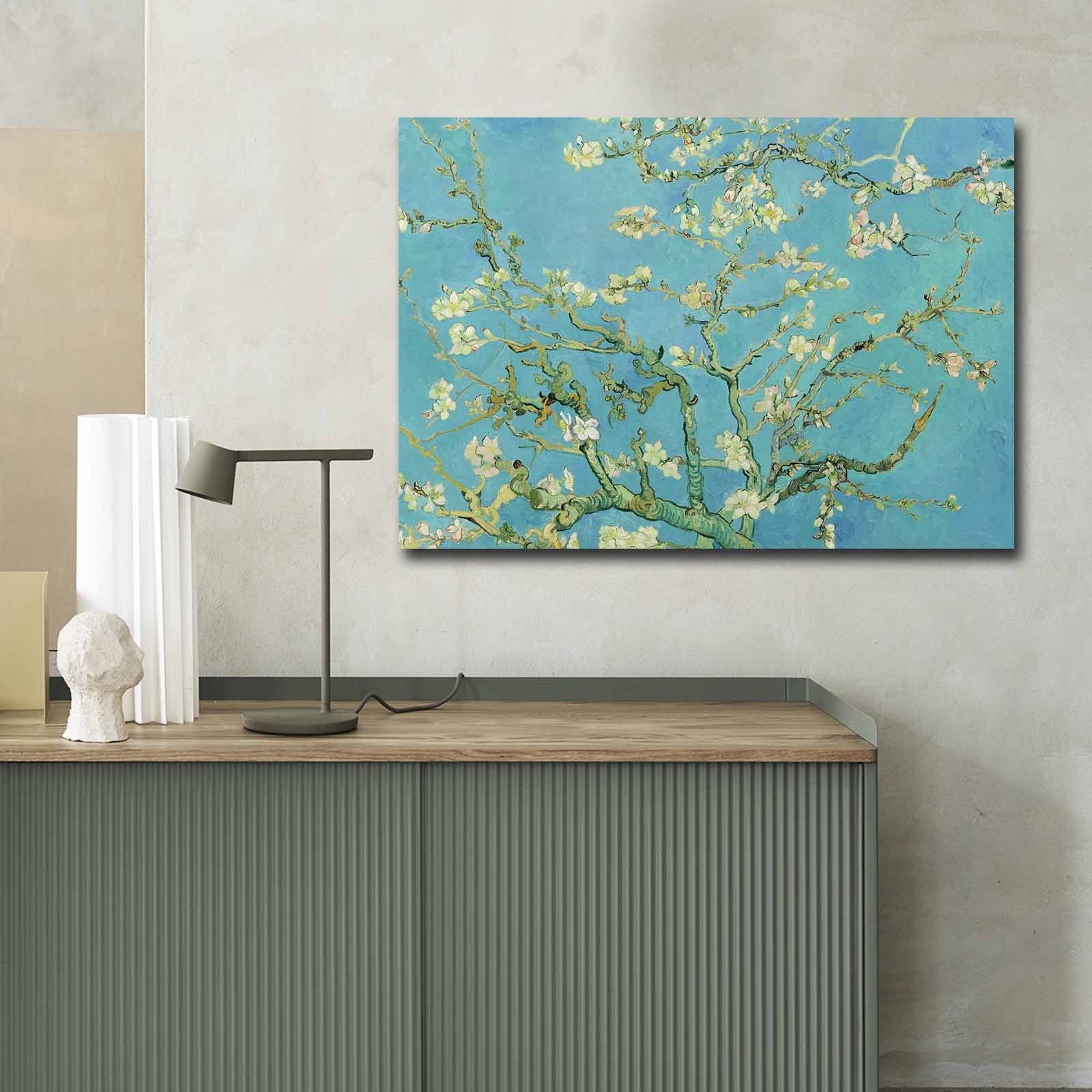 Pintura decorativa em tela "Flores de Amendoeira" de Vincent Van Gogh, 70 x 100 cm, 100% camurça, moldura 100% madeira (3 cm) | Arte Elegante para Decoração de Casa