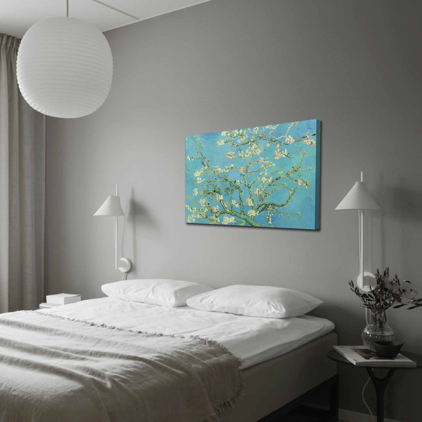 Pintura decorativa em tela "Flores de Amendoeira" de Vincent Van Gogh, 70 x 100 cm, 100% camurça, moldura 100% madeira (3 cm) | Arte Elegante para Decoração de Casa