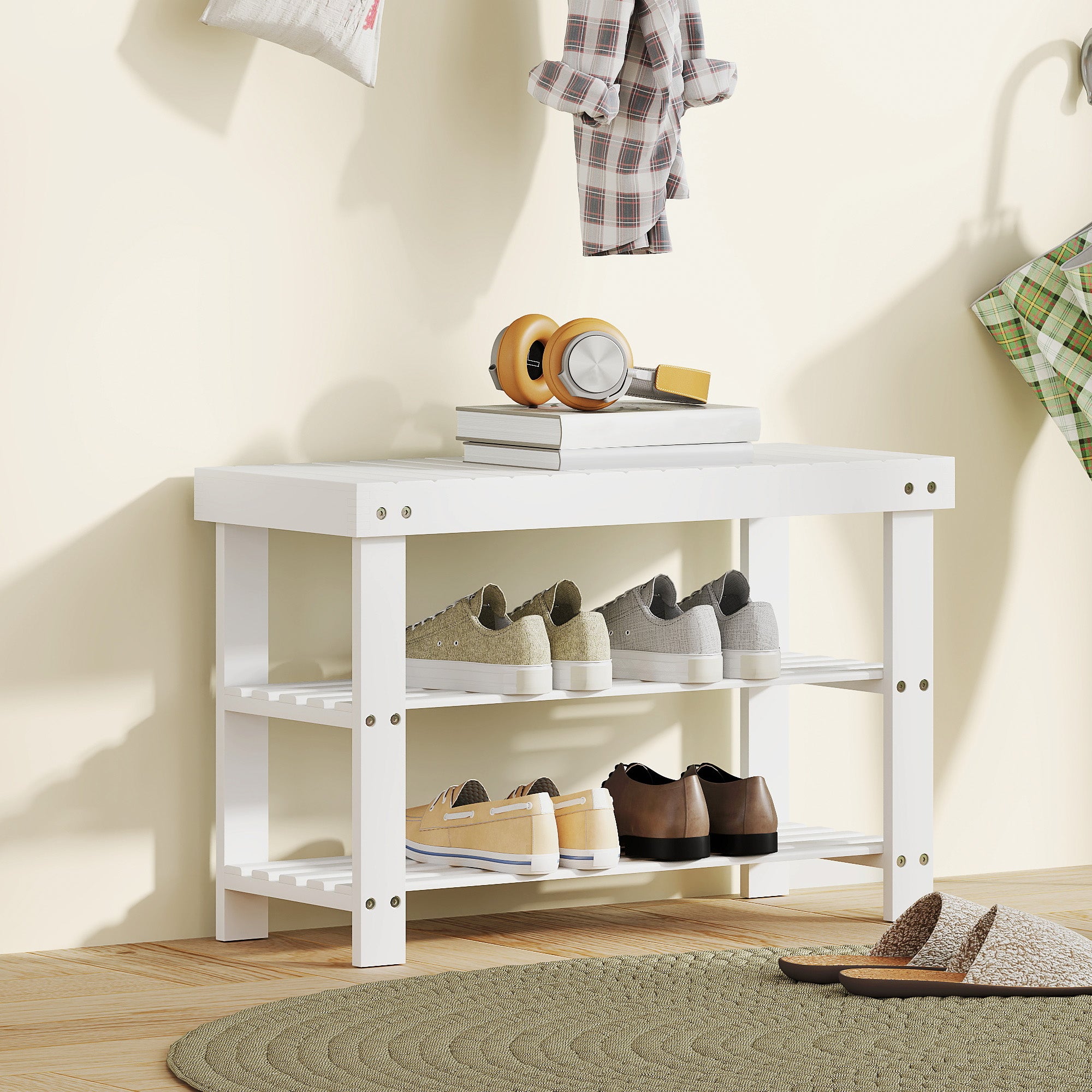 Banco Sapateira de Bambu com Assento Organizador - Branco 70x28x45 cm
