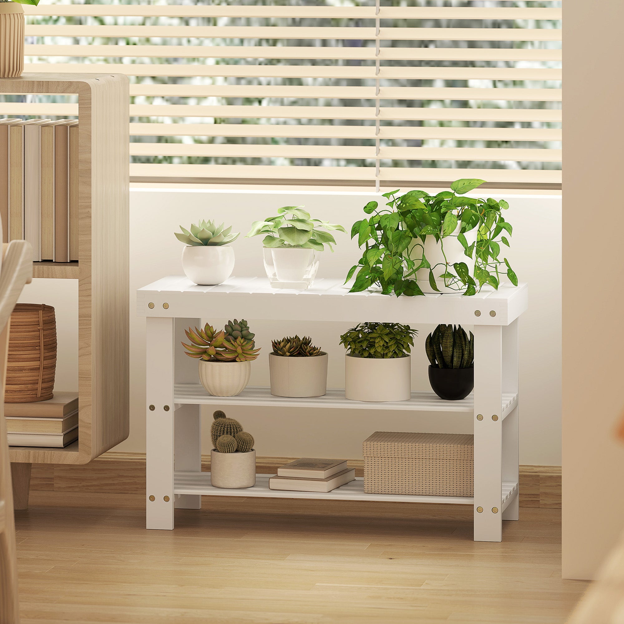 Banco Sapateira de Bambu com Assento Organizador - Branco 70x28x45 cm
