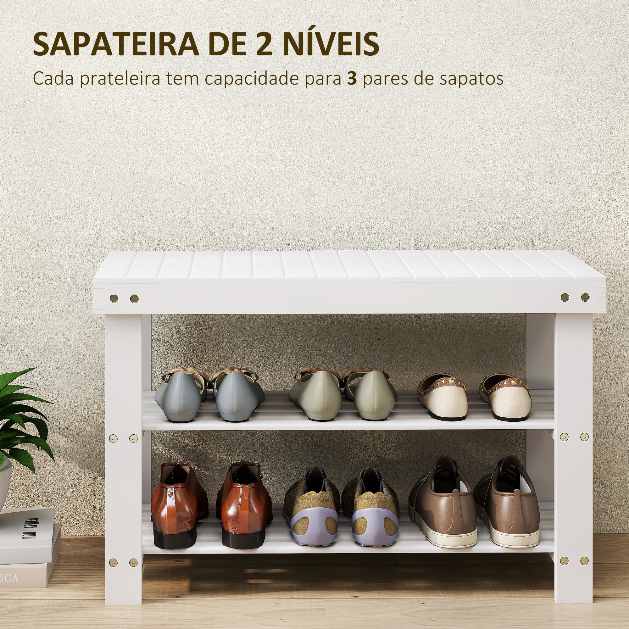 Banco Sapateira de Bambu com Assento Organizador - Branco 70x28x45 cm
