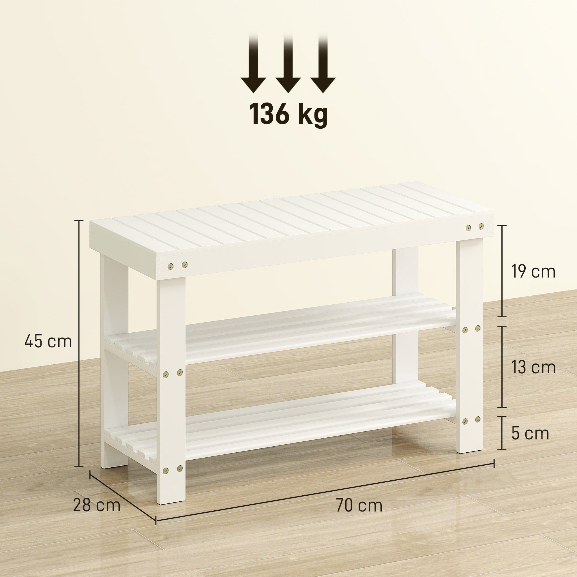 Banco Sapateira de Bambu com Assento Organizador - Branco 70x28x45 cm