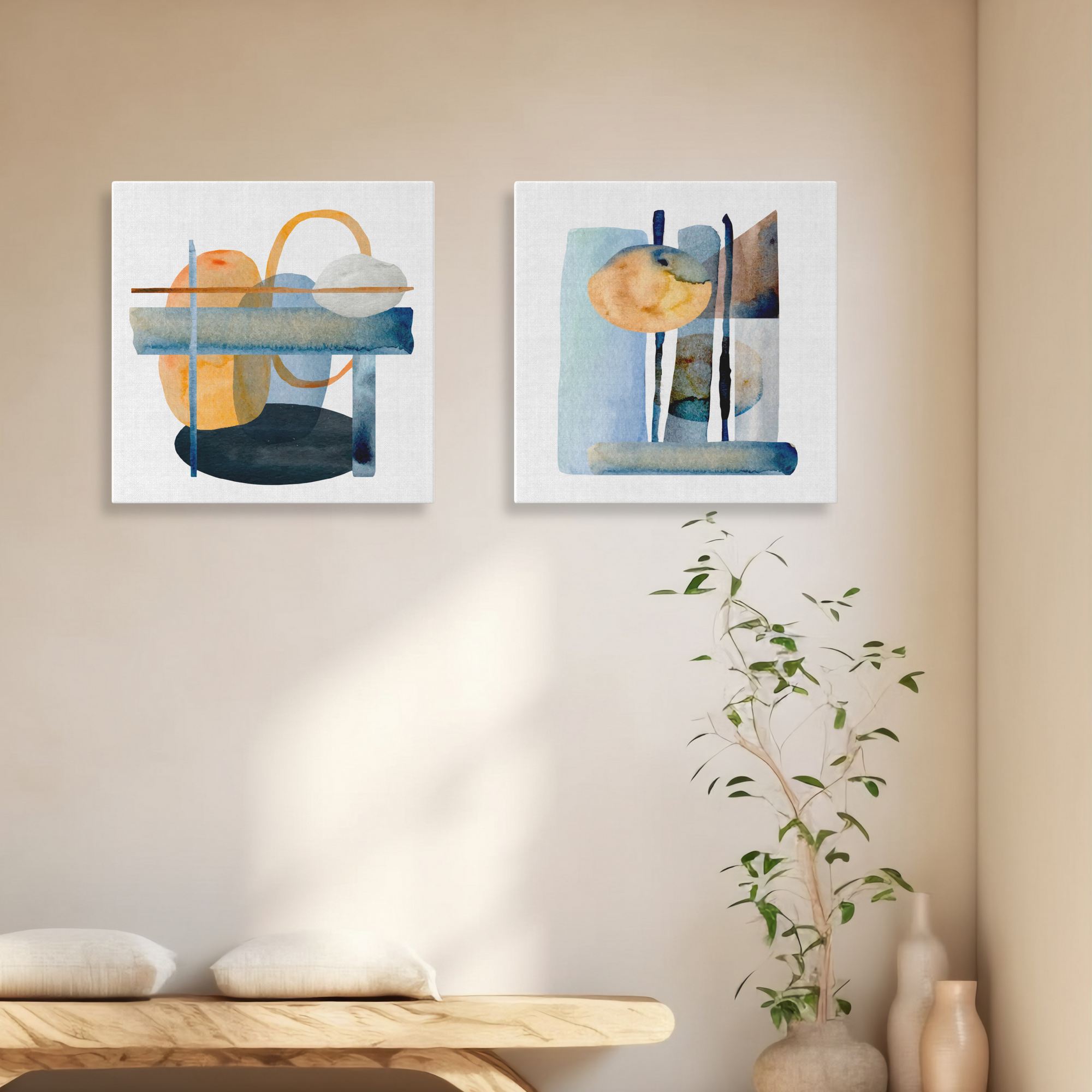 Conjunto 2 Quadros Decorativos Canvas 30x30 Moldura Madeira