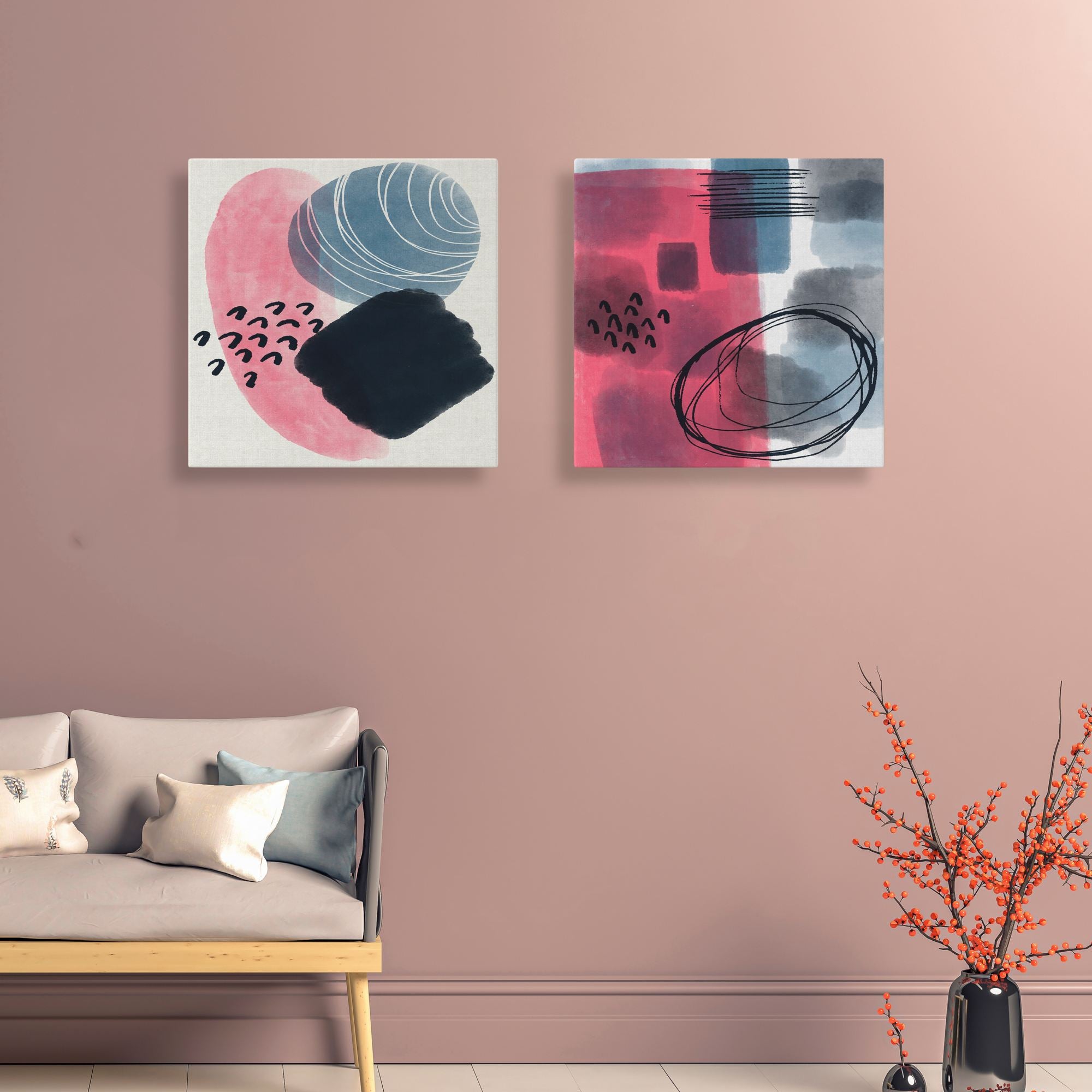 Conjunto 2 Quadros Decorativos Canvas 30x30 Moldura Madeira