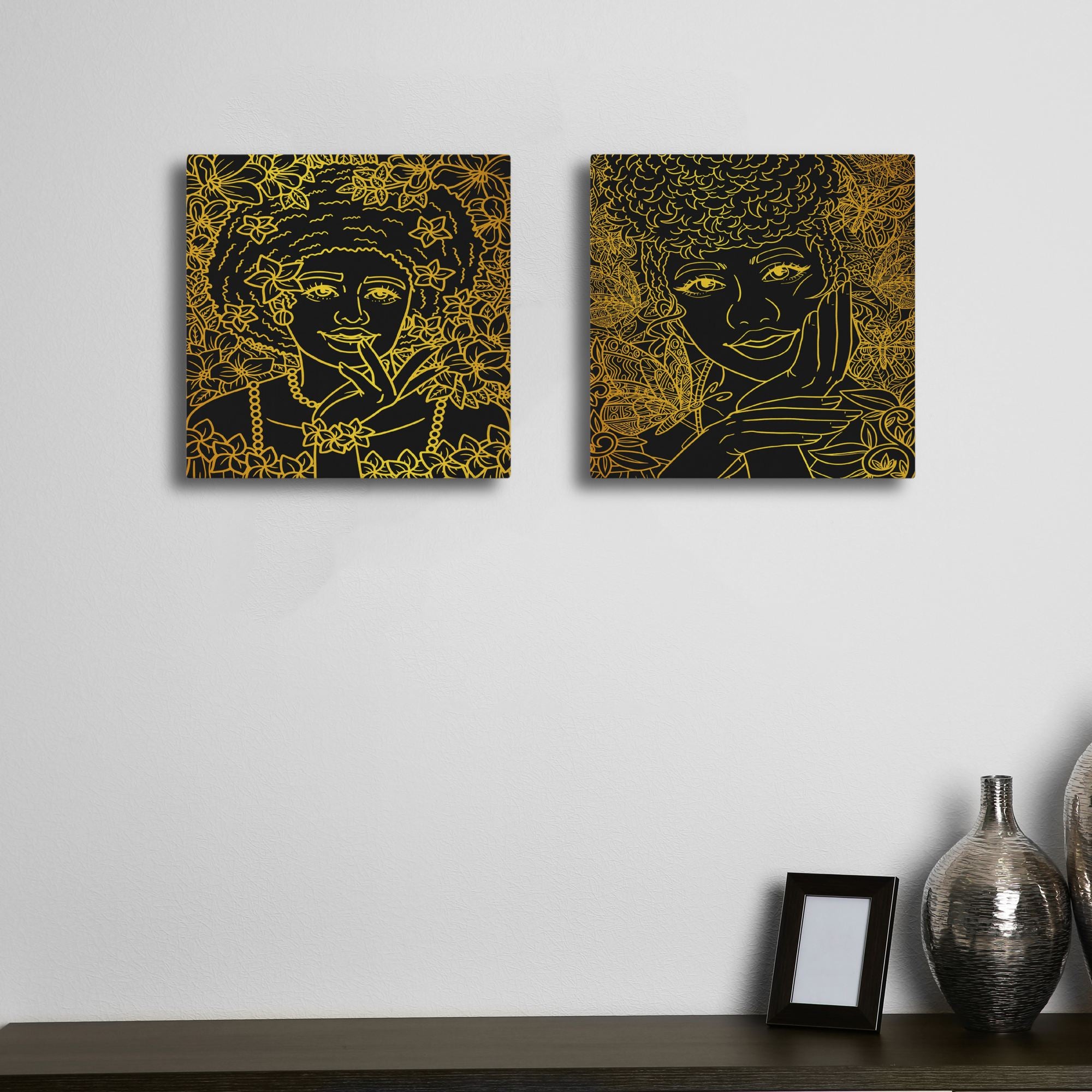 Conjunto 2 Quadros Decorativos Canvas 30x30cm Gold Black Premium