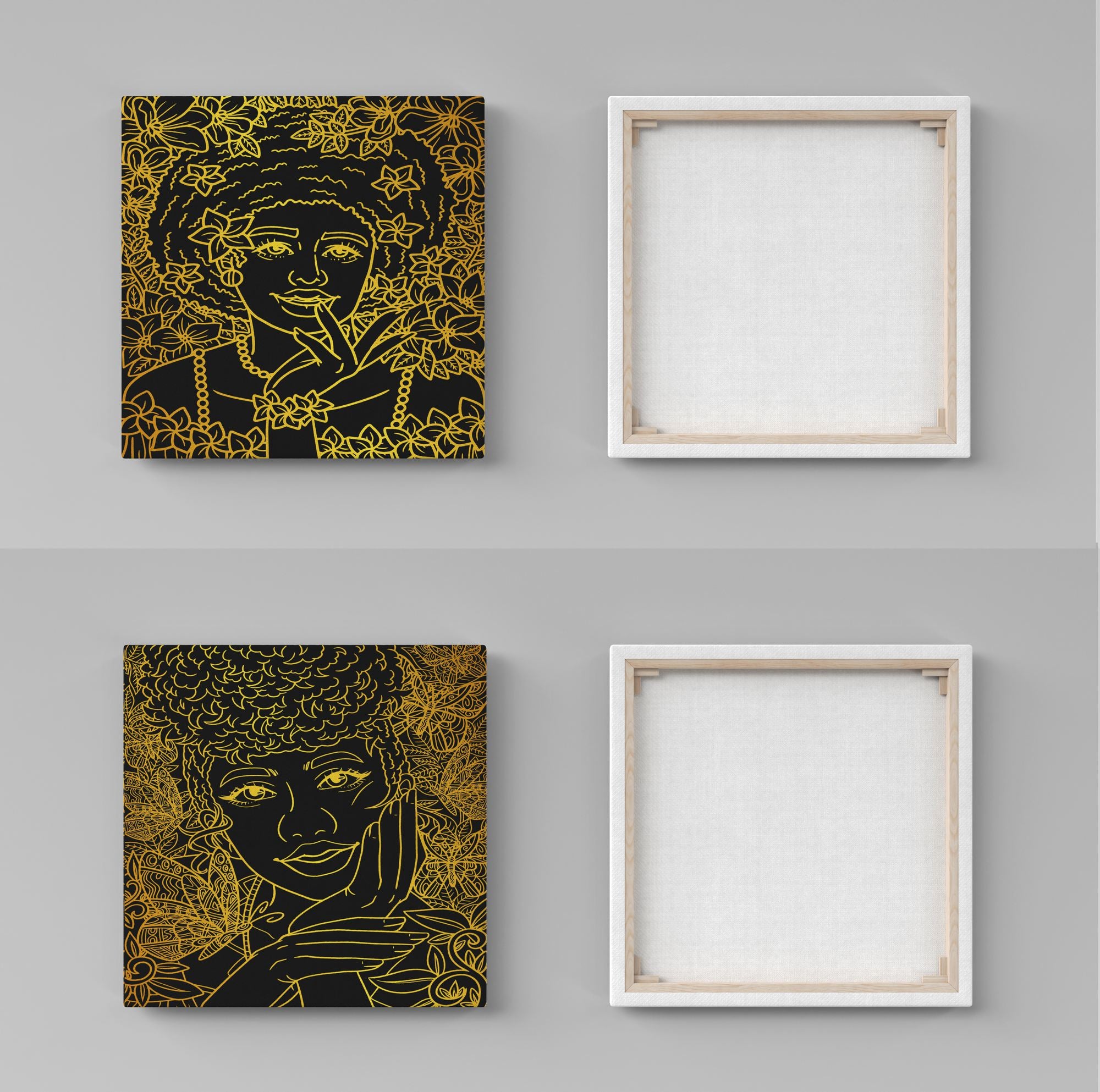 Conjunto 2 Quadros Decorativos Canvas 30x30cm Gold Black Premium