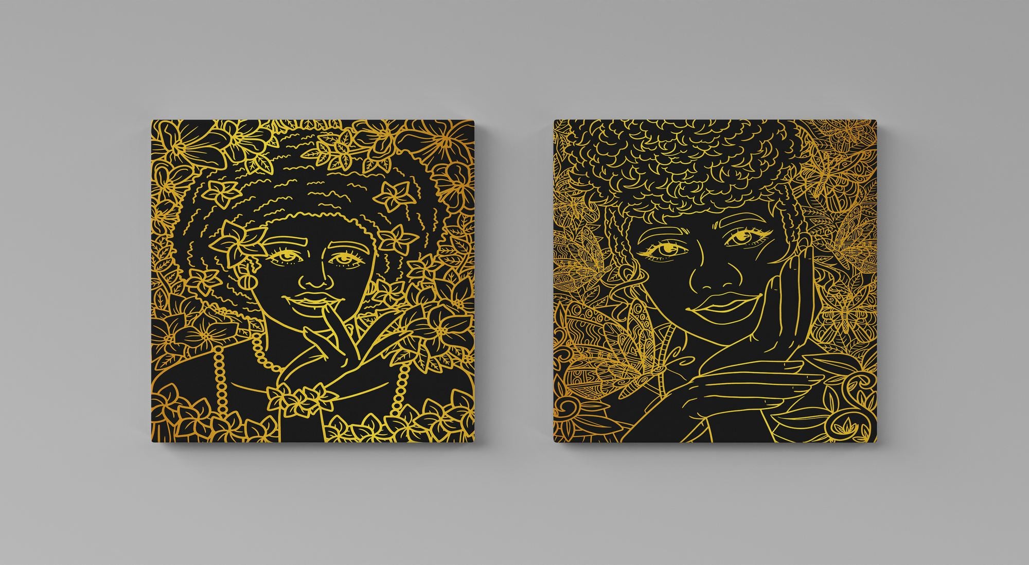Conjunto 2 Quadros Decorativos Canvas 30x30cm Gold Black Premium