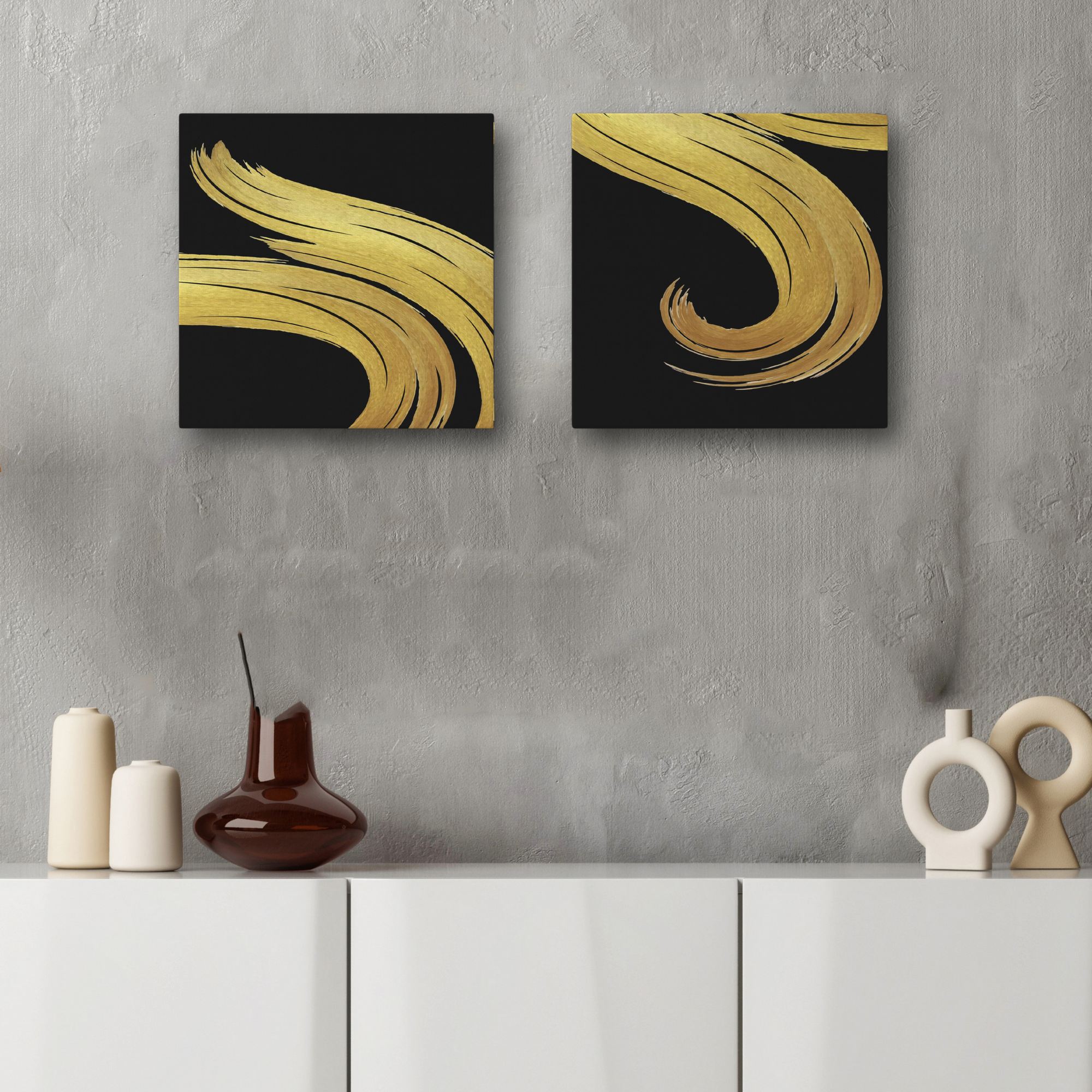 Conjunto Pintura Canvas Dourada e Preta 30x30cm - 2 Peças