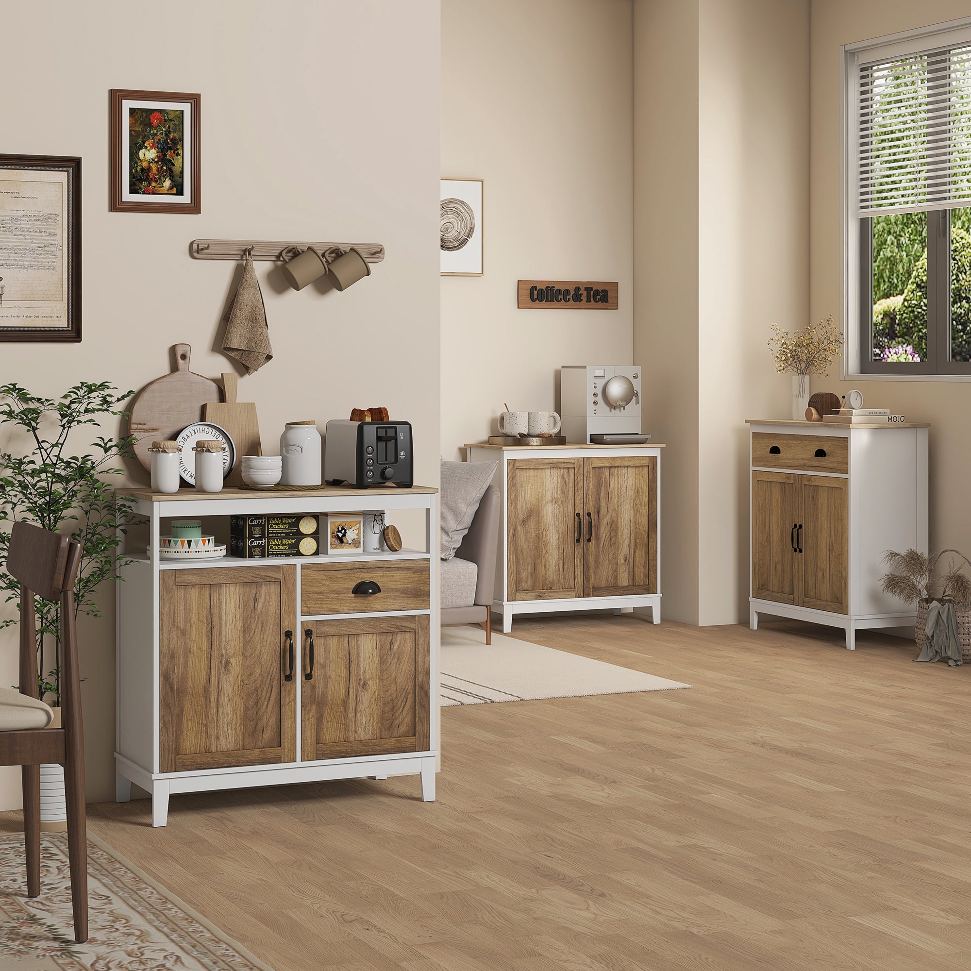 Aparador de Sala de Estar com Gaveta e Prateleira Ajustável 78,5x39x89,4 cm - Marrom e Branco