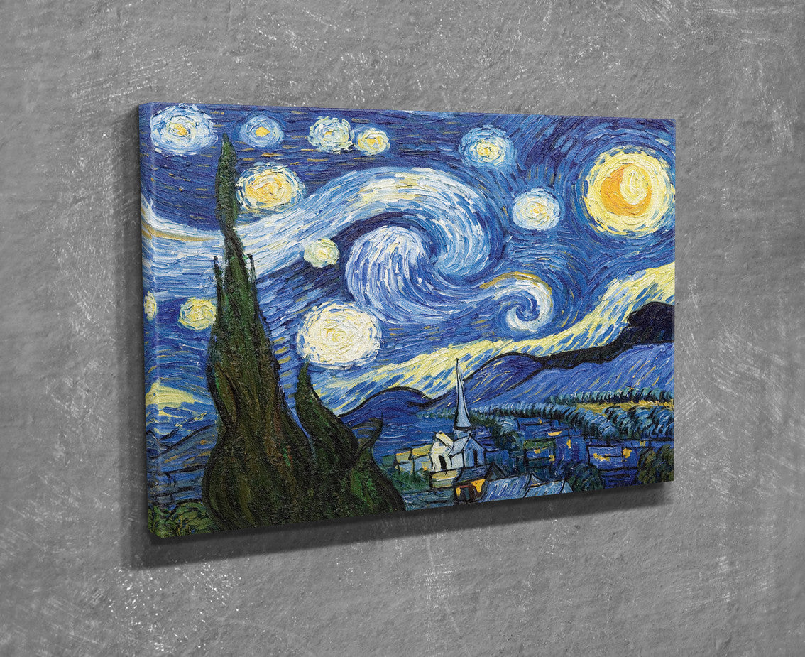 Pintura decorativa em tela "A Noite Estrelada" de Vincent van Gogh, 30 x 40 cm | 100% tela, 100% moldura de madeira (3 cm de espessura) | Perfeito para decoração e amantes da arte