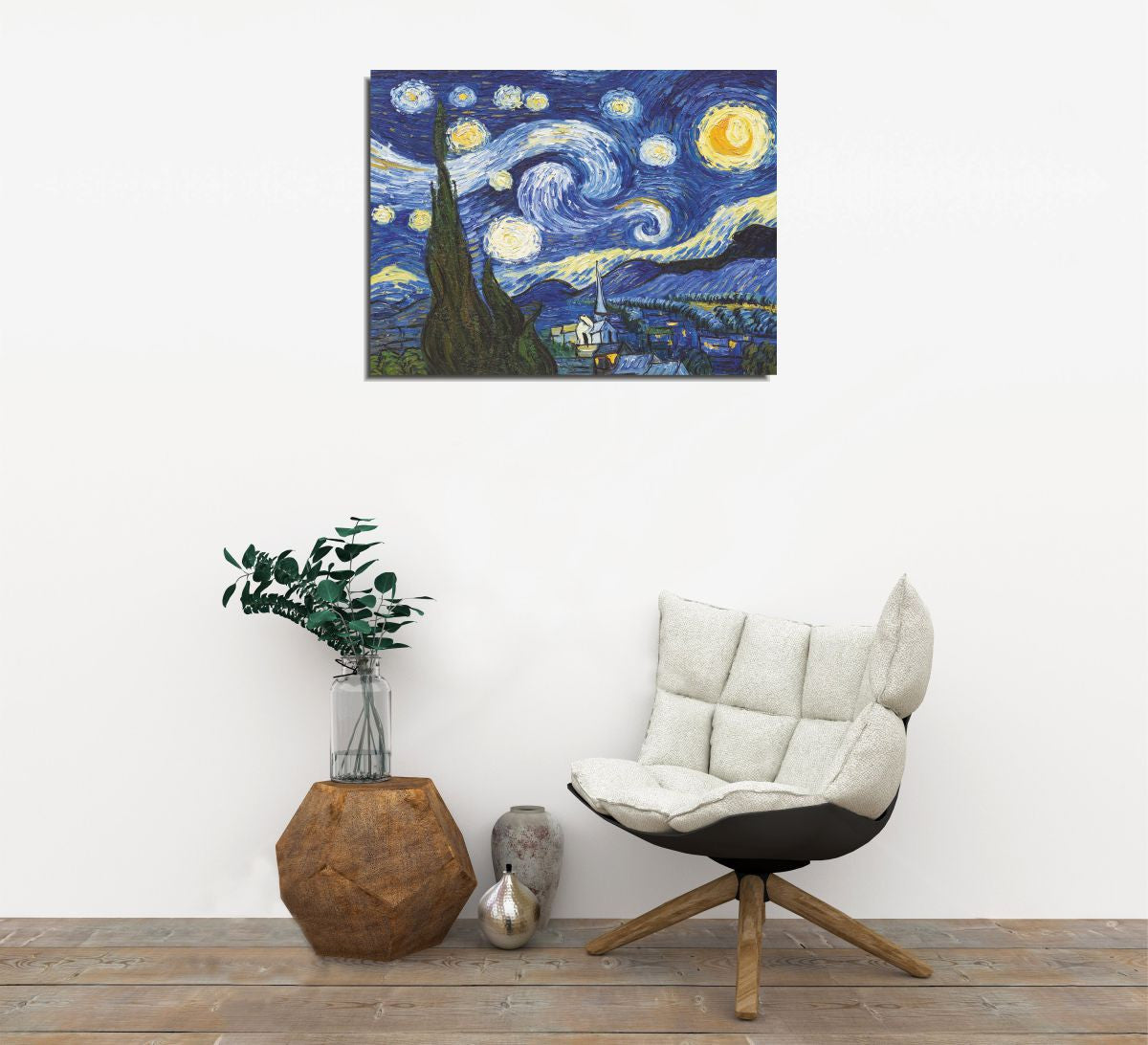 Pintura decorativa em tela "A Noite Estrelada" de Vincent van Gogh, 30 x 40 cm | 100% tela, 100% moldura de madeira (3 cm de espessura) | Perfeito para decoração e amantes da arte