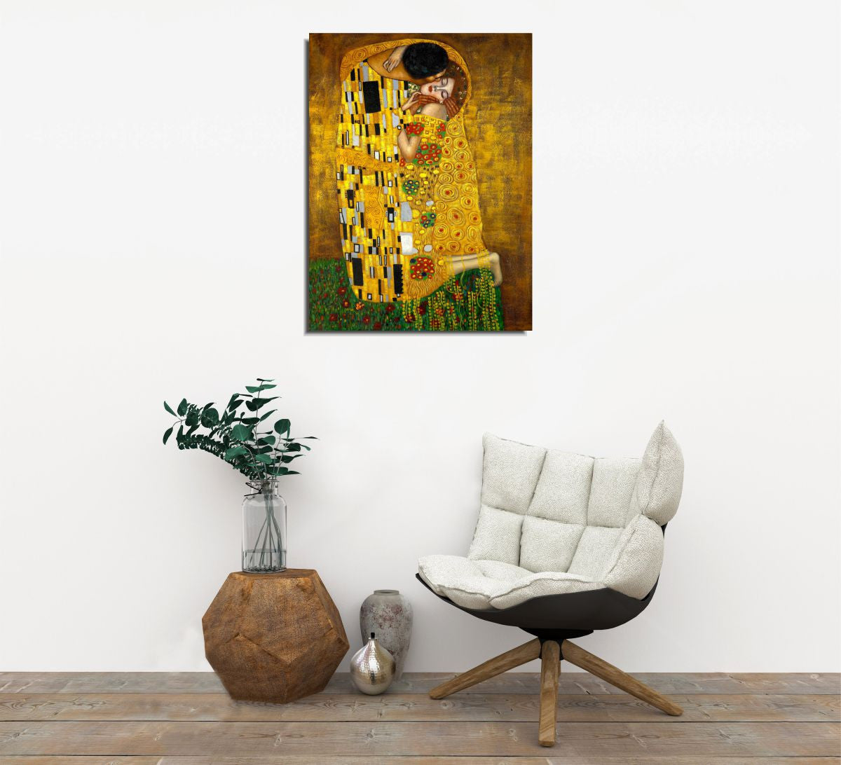 Pintura decorativa em tela "O Beijo" de Gustav Klimt, 30 x 40 cm | 100% tela, 100% moldura de madeira (3 cm de espessura) | Arte elegante para decoração de casa