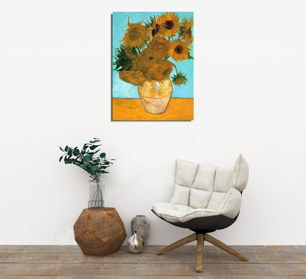 Pintura decorativa em tela de Vincent Van Gogh, Vaso com doze girassóis, 30 x 40 cm | 100% tela, 100% moldura de madeira (3 cm de espessura) | Arte elegante para decoração de casa