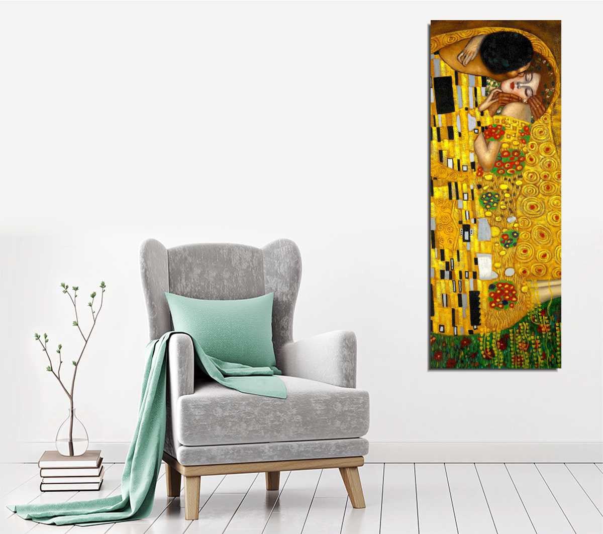 Pintura decorativa em tela "O Beijo" de Gustav Klimt, 30 x 80 cm | 100% tela, 100% moldura de madeira (3 cm de espessura) | Arte elegante para decoração de casa
