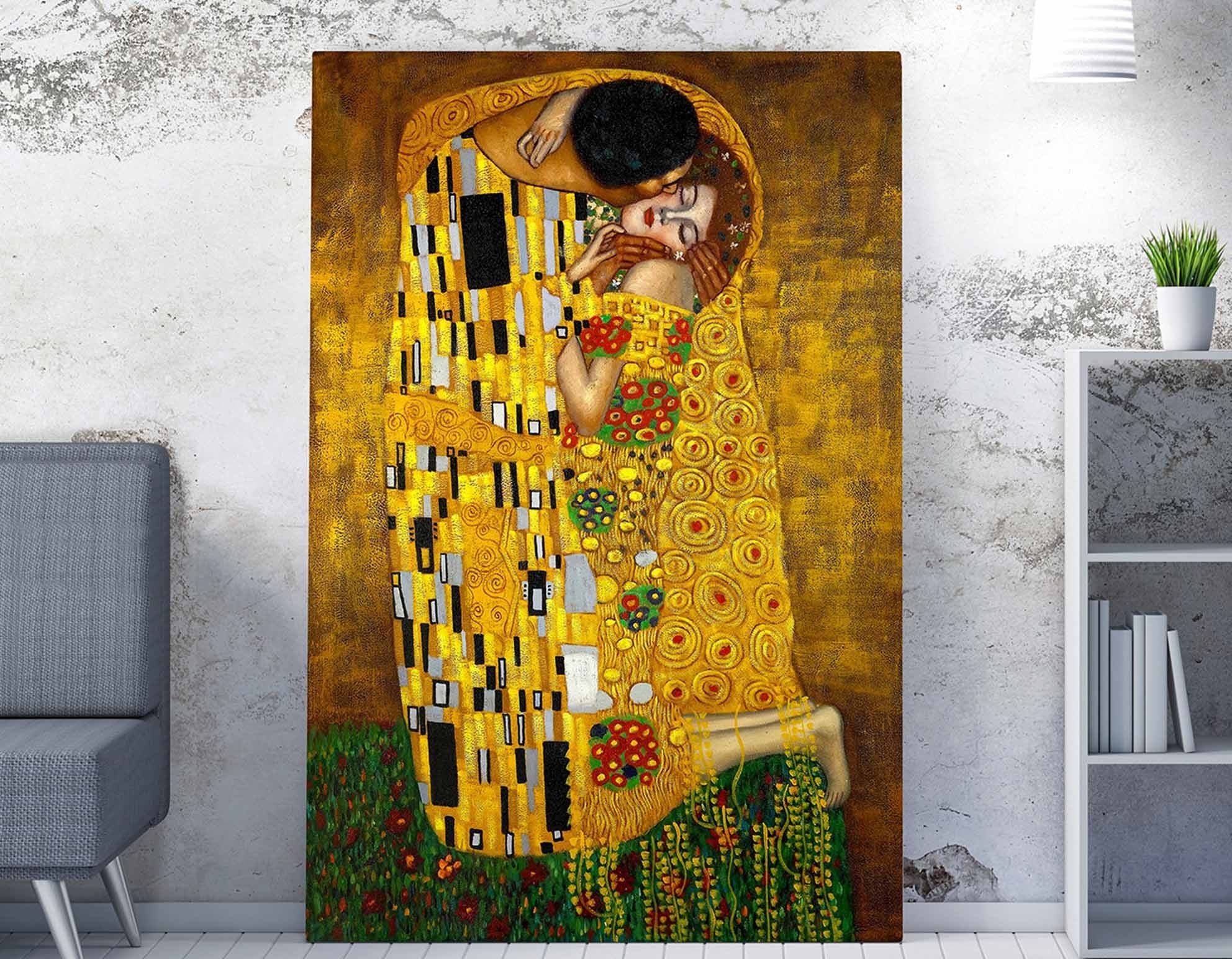 Pintura decorativa elegante em tela de Gustav Klimt, 50 x 70 cm | 50% poliéster / 50% algodão, moldura 100% madeira (2 x 3 cm) | Arte deslumbrante para decoração de casa