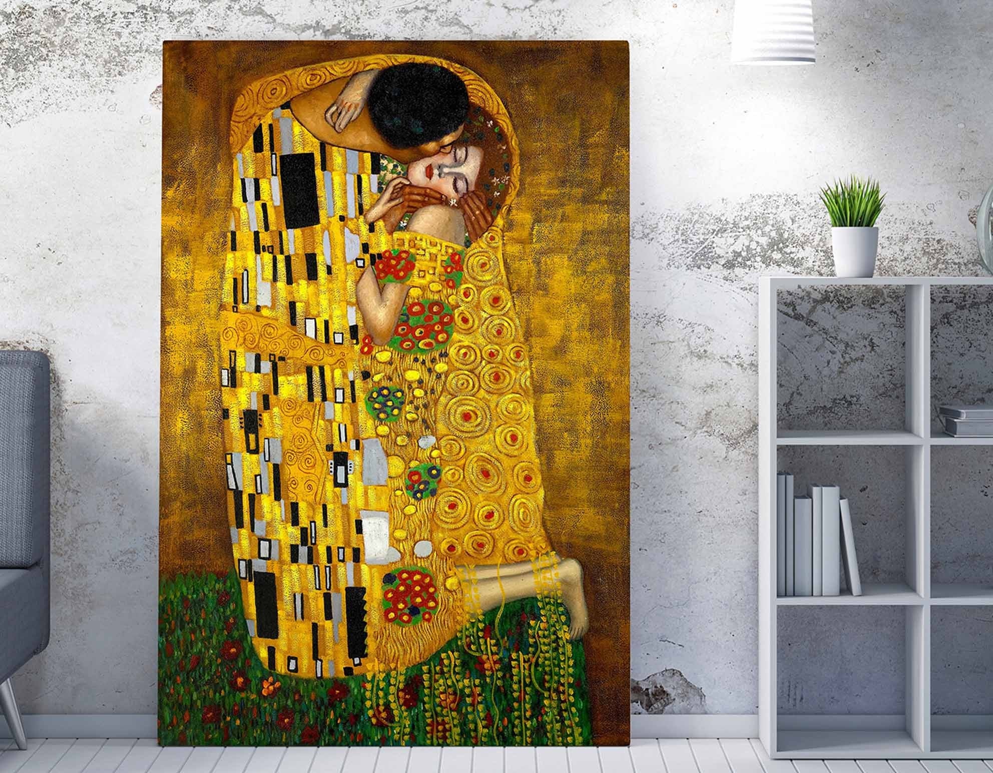 Impressionante pintura decorativa em tela "O Beijo" de Gustav Klimt, 70 x 100 cm | 50% poliéster/50% algodão, moldura 100% madeira, impressão digital | Perfeito para decoração de casa