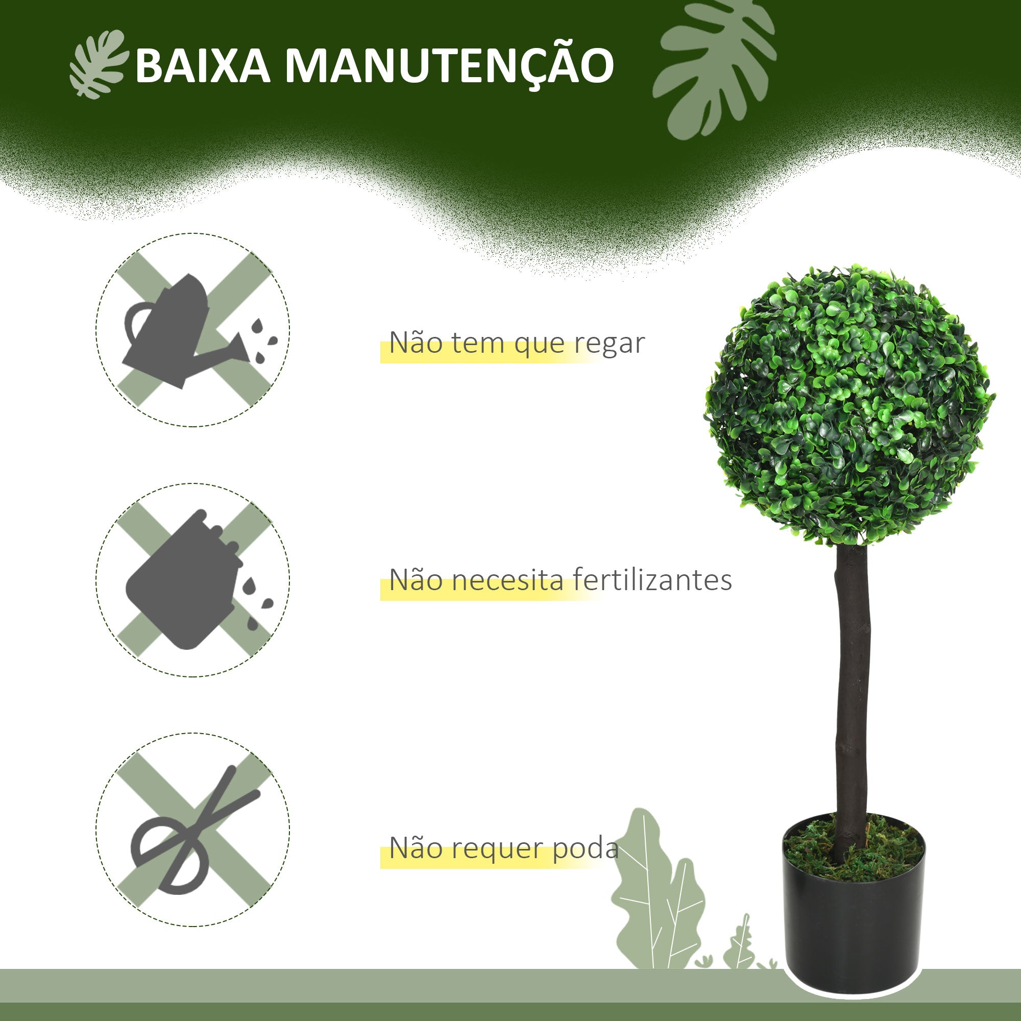 Conjunto de 2 Plantas Artificiais Decorativas – 60cm – Verde – PEVA, PE, PP e cimento