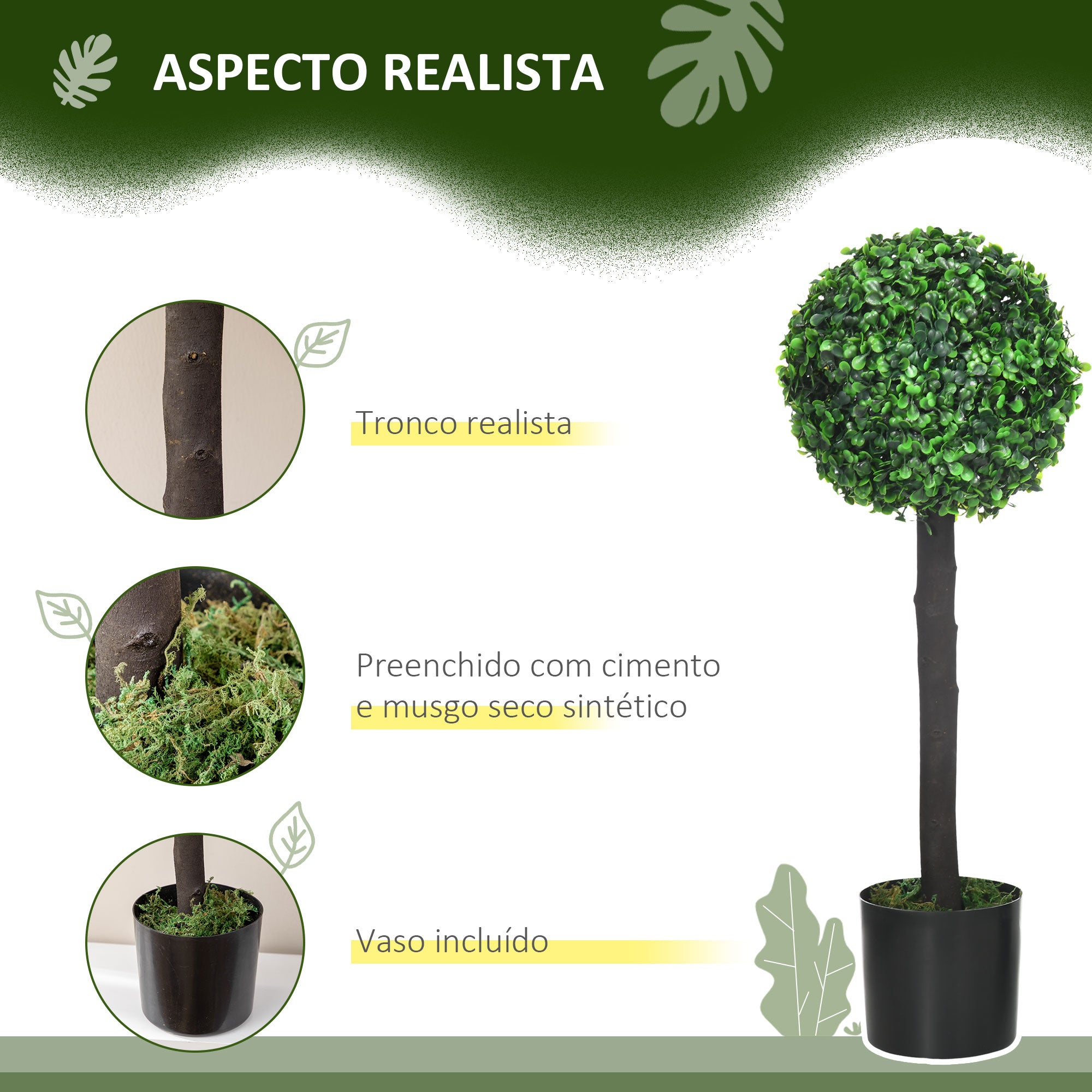 Conjunto de 2 Plantas Artificiais Decorativas – 60cm – Verde – PEVA, PE, PP e cimento