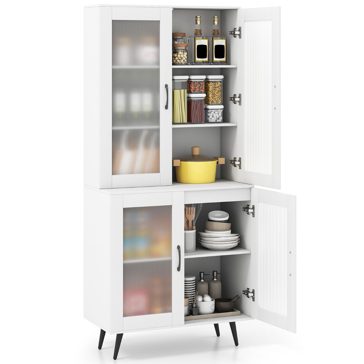 Armário despensa de cozinha com 4 portas estante ajustável com pés metálicos para sala de jantar 80 x 40 x 178,5 cm branco