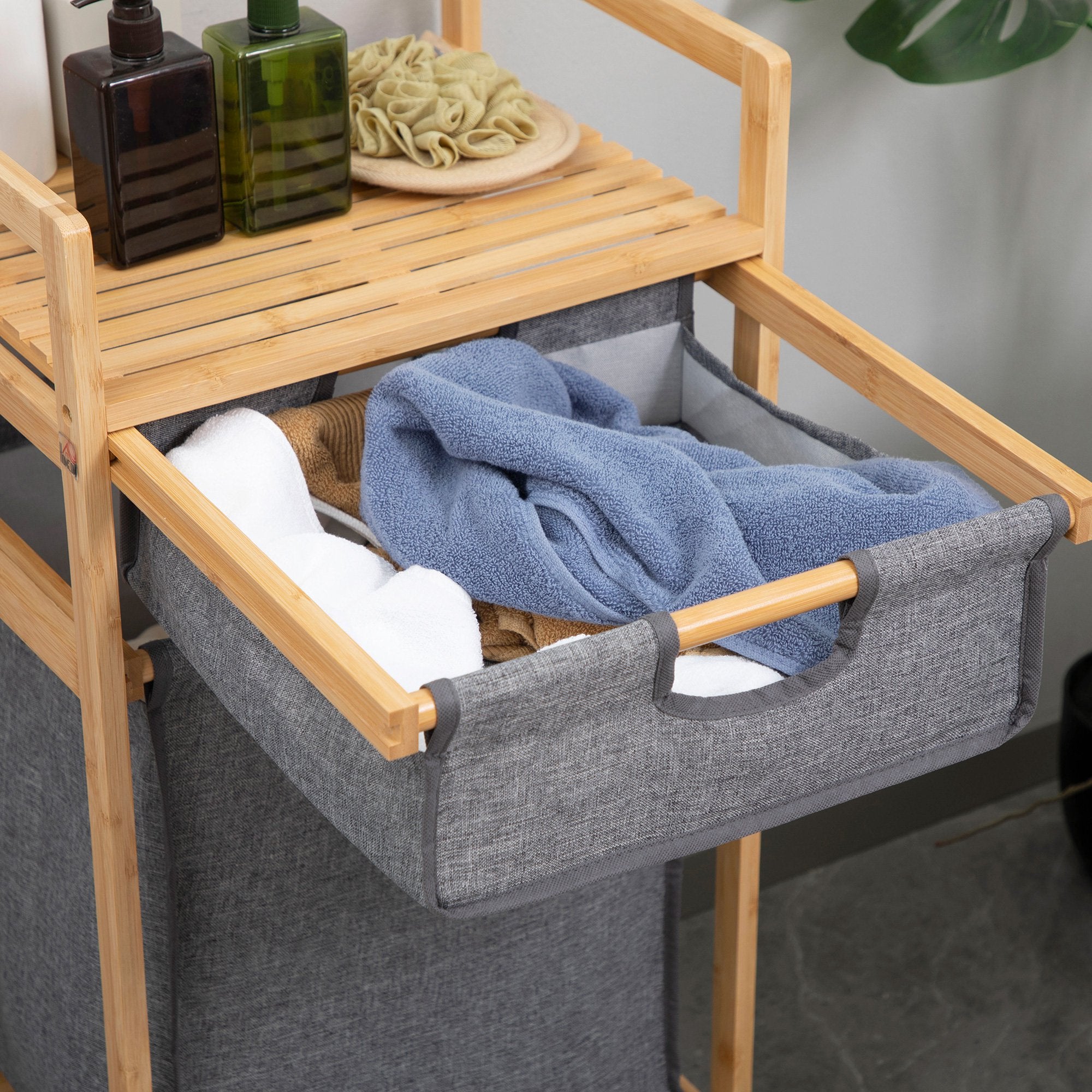 Cesto de Roupa de Bambu com 2 Bolsas Amovíveis 42x35x84,5cm - Madeira e Cinza