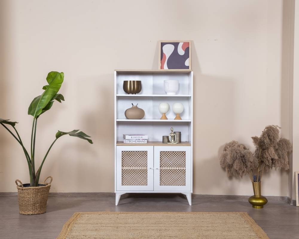 Estante de livros – 90 cm x 158 cm x 41 cm – Branco e Carvalho – MDF e Madeira de Pinho