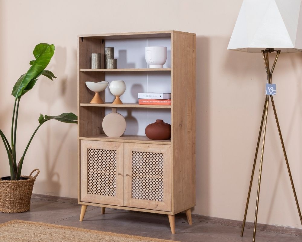 Estante de livros – 90 cm x 158 cm x 41 cm – Branco e Carvalho – Aglomerado revestido de melamina, MDF e madeira de pinho