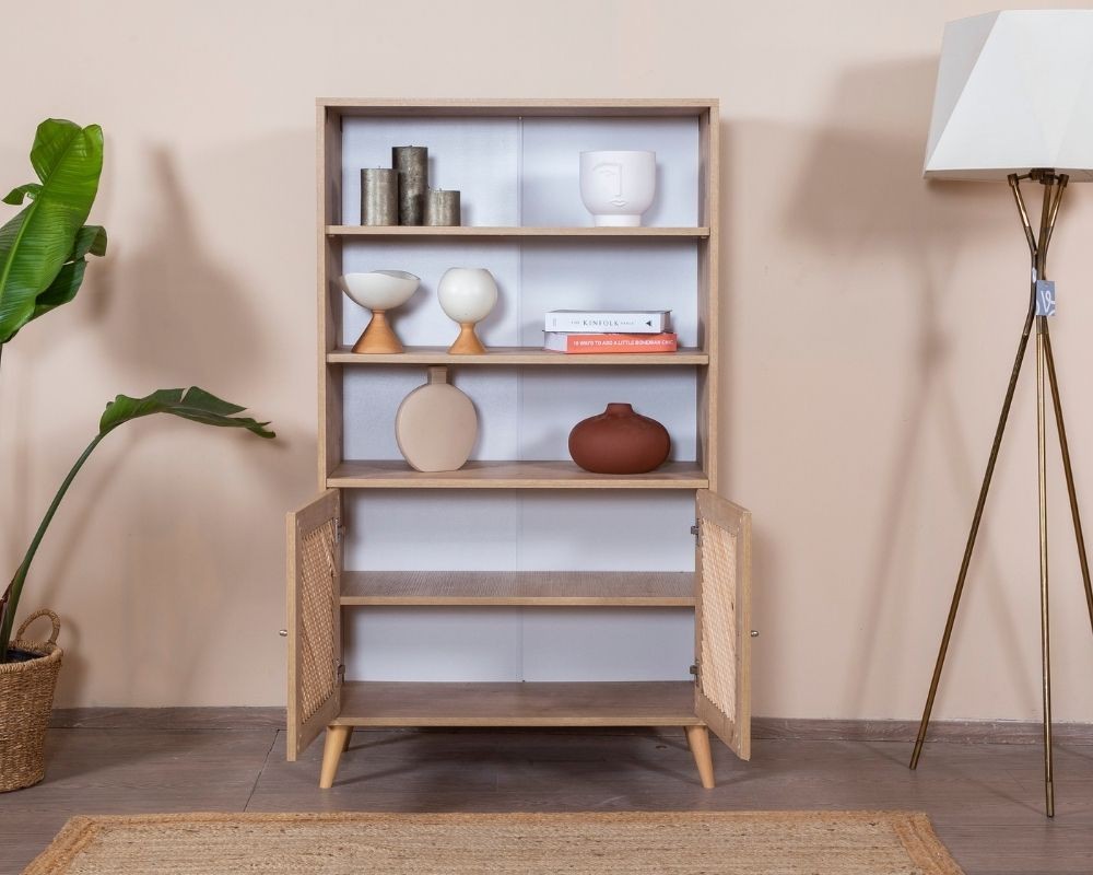 Estante de livros – 90 cm x 158 cm x 41 cm – Branco e Carvalho – Aglomerado revestido de melamina, MDF e madeira de pinho