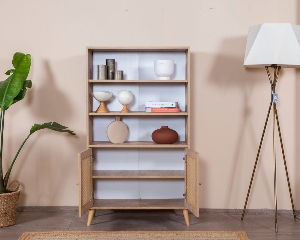 Estante de livros – 90 cm x 158 cm x 41 cm – Branco e Carvalho – Aglomerado revestido de melamina, MDF e madeira de pinho