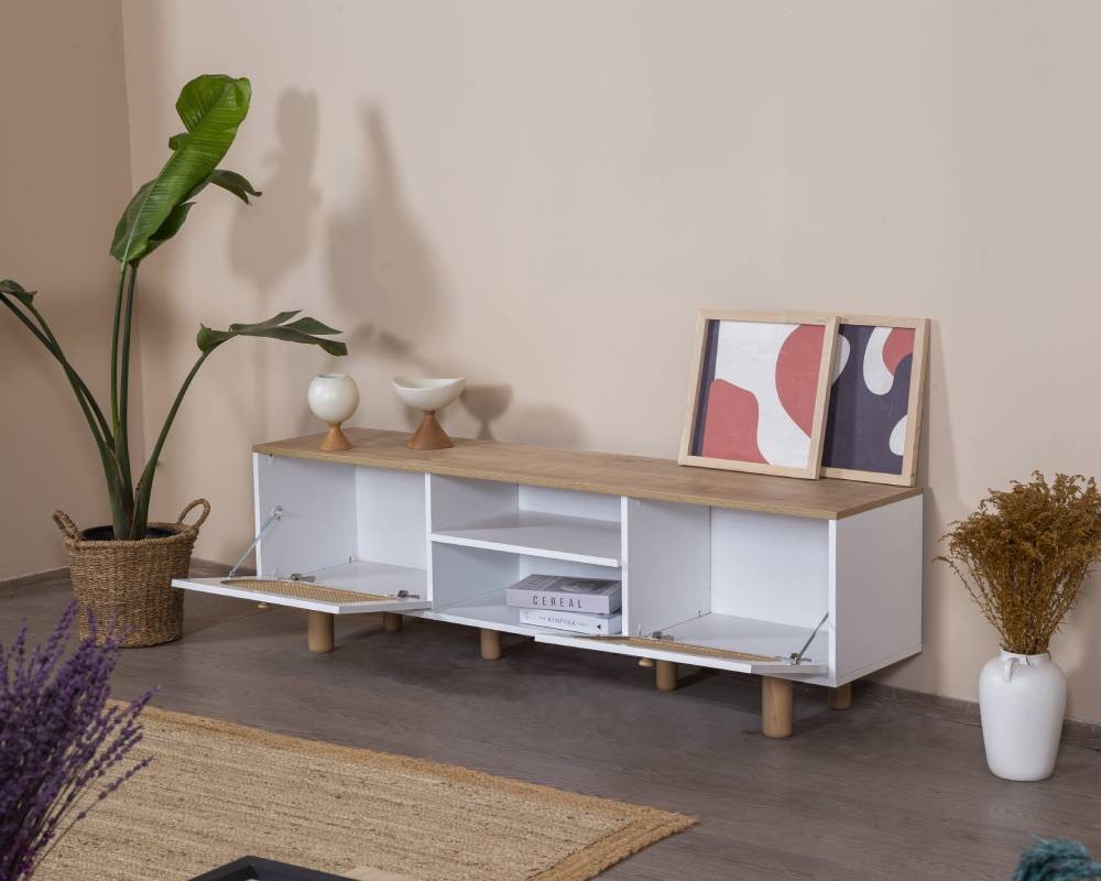 Móvel de TV – 55 cm x 180 cm x 41 cm – Branco e Carvalho – MDF
