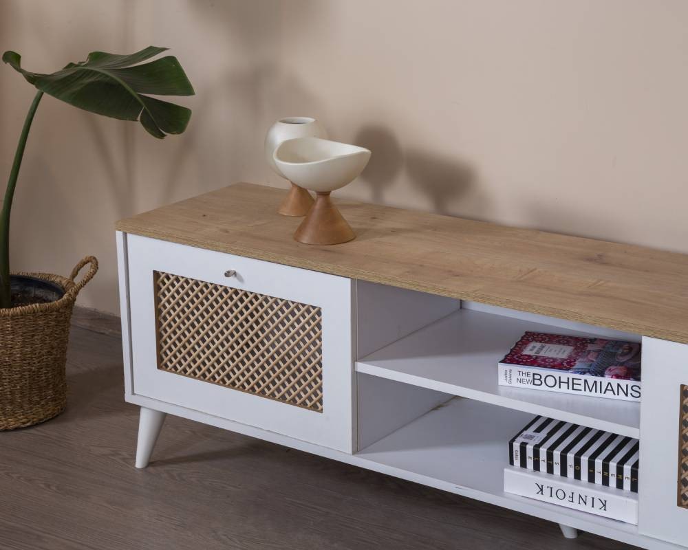 Móvel de TV – 55 cm x 180 cm x 41 cm – Branco e Carvalho – MDF e Madeira de Pinho