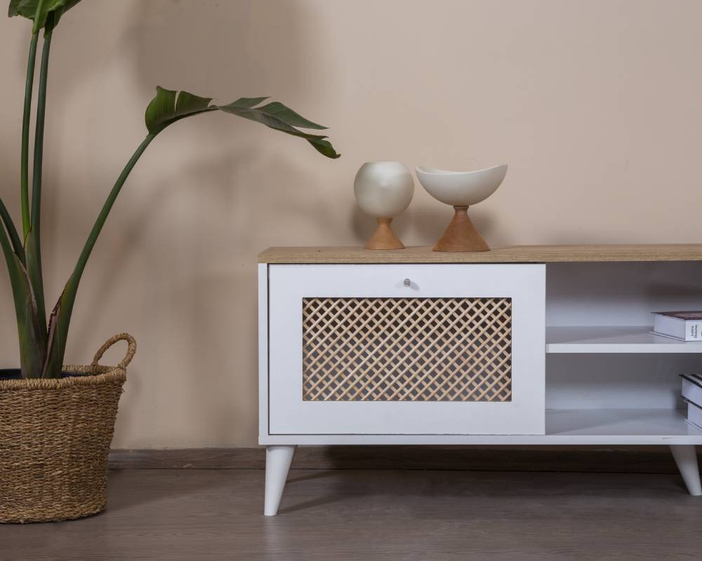 Móvel de TV – 55 cm x 180 cm x 41 cm – Branco e Carvalho – MDF e Madeira de Pinho
