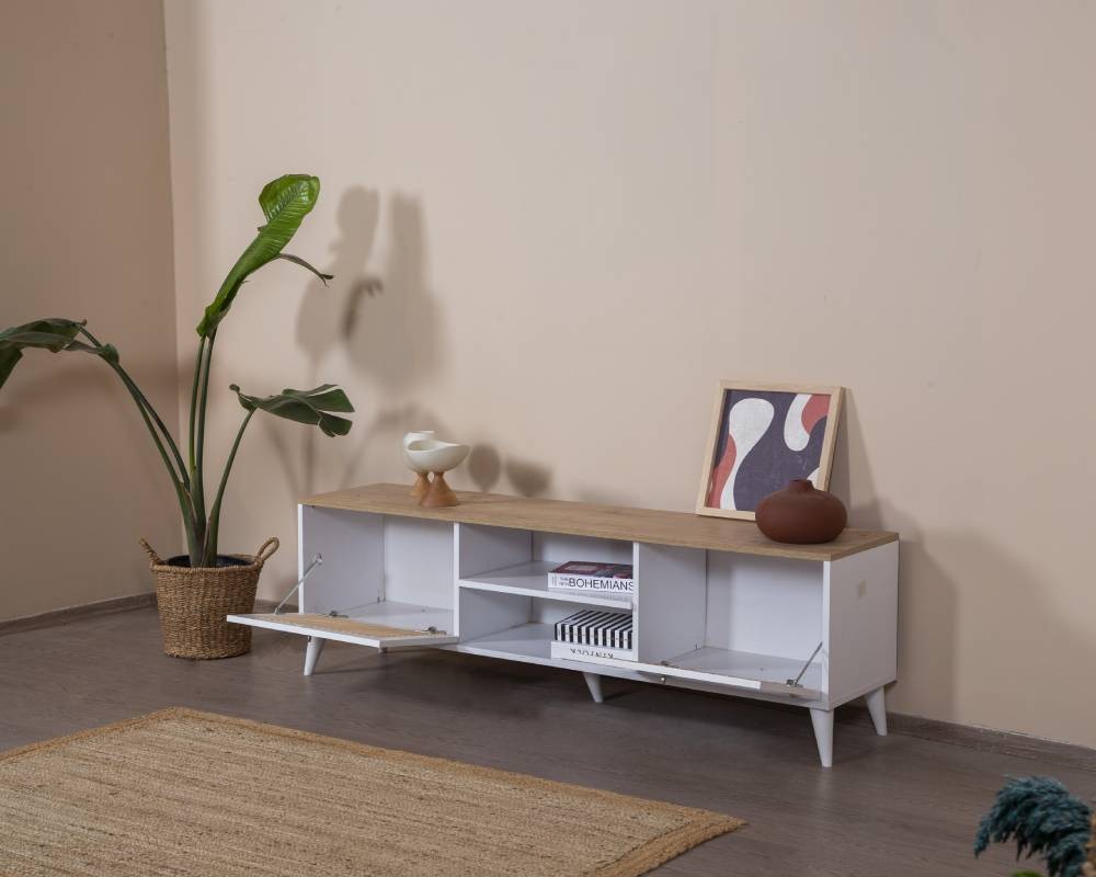 Móvel de TV – 55 cm x 180 cm x 41 cm – Branco e Carvalho – MDF e Madeira de Pinho