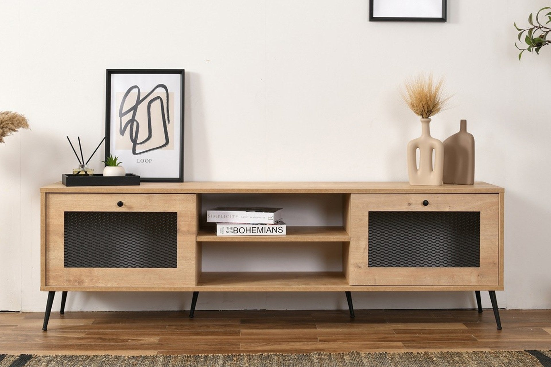 Suporte de TV elegante em carvalho, 180 x 55 x 41 cm | Painel de partículas 100% revestido, pés de arame e capa | Design moderno para salas de estar e espaços de entretenimento