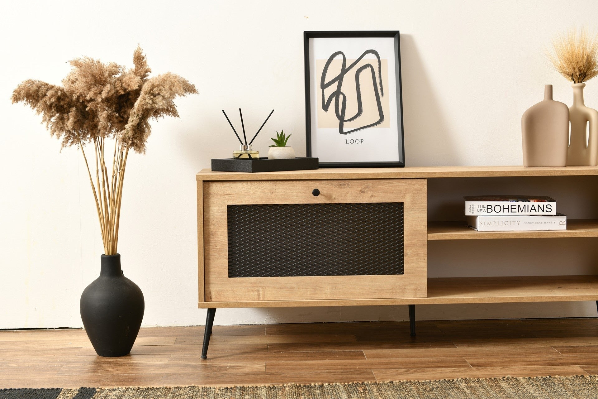 Suporte de TV elegante em carvalho, 180 x 55 x 41 cm | Painel de partículas 100% revestido, pés de arame e capa | Design moderno para salas de estar e espaços de entretenimento