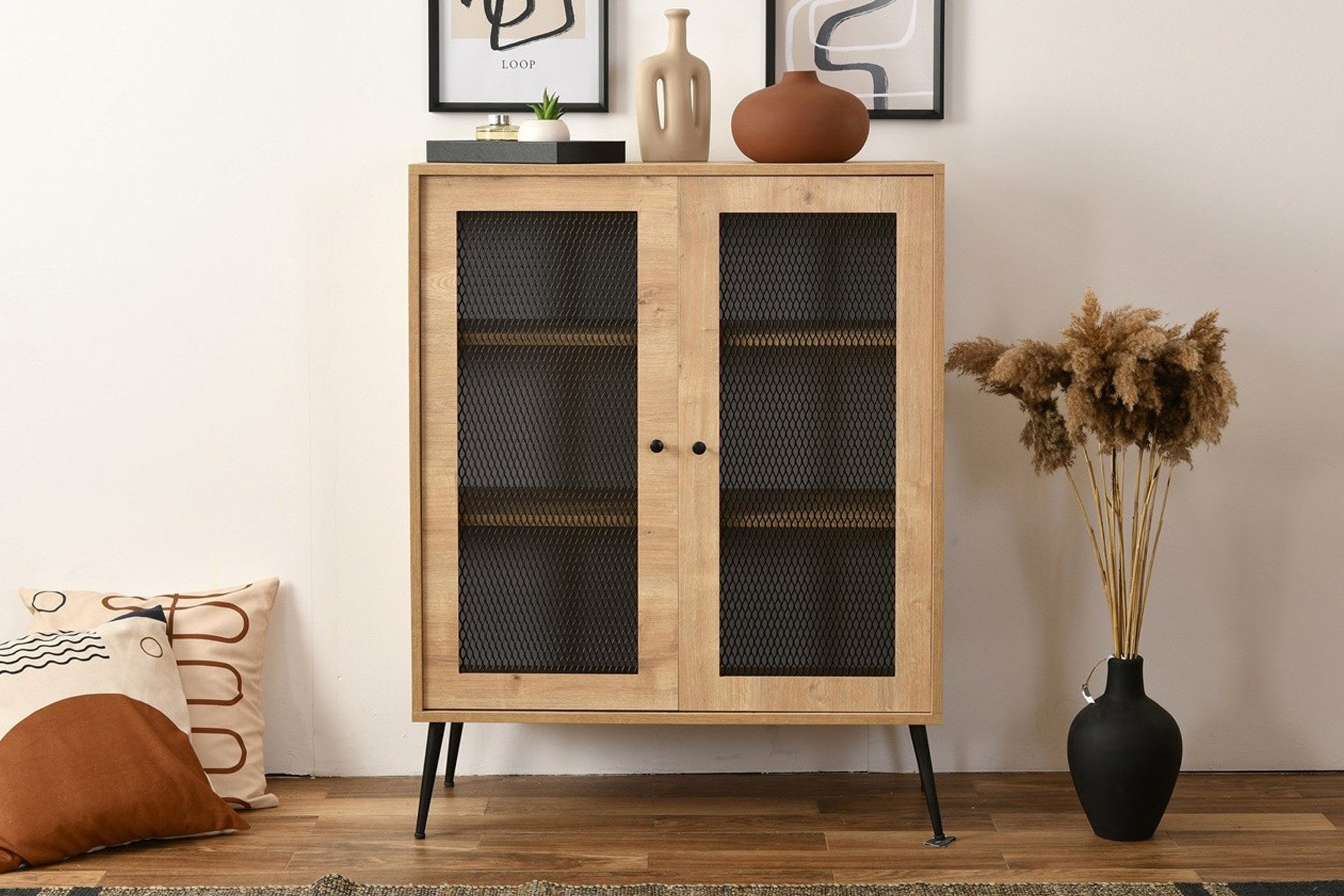 Aparador elegante de carvalho, 90 x 40 x 110 cm | Painel de partículas 100% revestido com revestimento de arame | Perfeito para salas de estar e jantar modernas